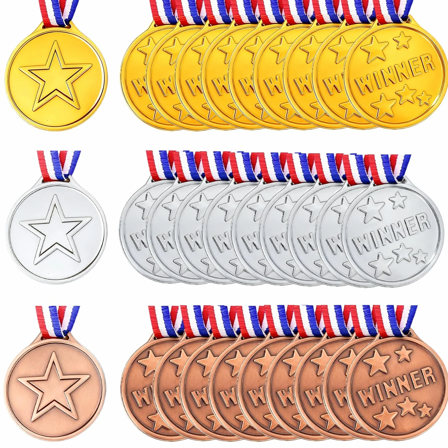 Medallas Niños Oro Plata Bronce con Cintas, 30 Piezas Plástico Dorado para Cumpleaños Fiesta Deporte