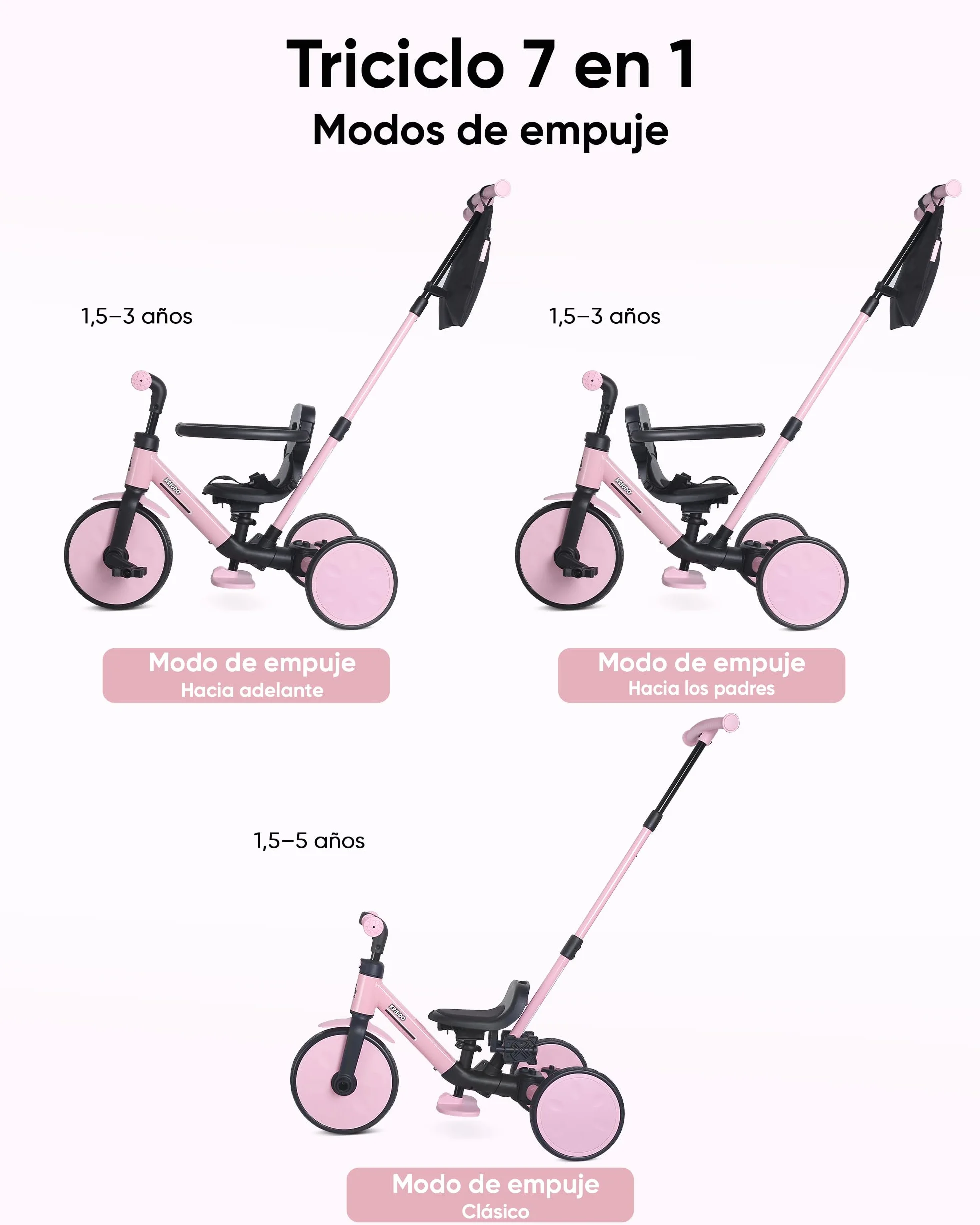 KRIDDO Triciclo Evolutivo 7 en 1 para Niños de 18 Meses a 5 Años – con Barra de Empuje, Triciclo y Bicicleta con o sin Pedales, Arnés de 3 Puntos, Bolsa de Almacenamiento, Rosa