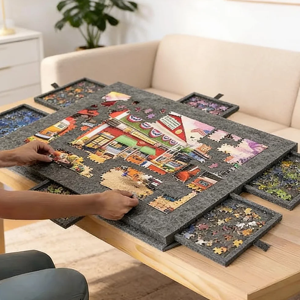 Mesa puzzle de 6 cajones, 1000 piezas, con soporte y tapa 2 en 1, negro