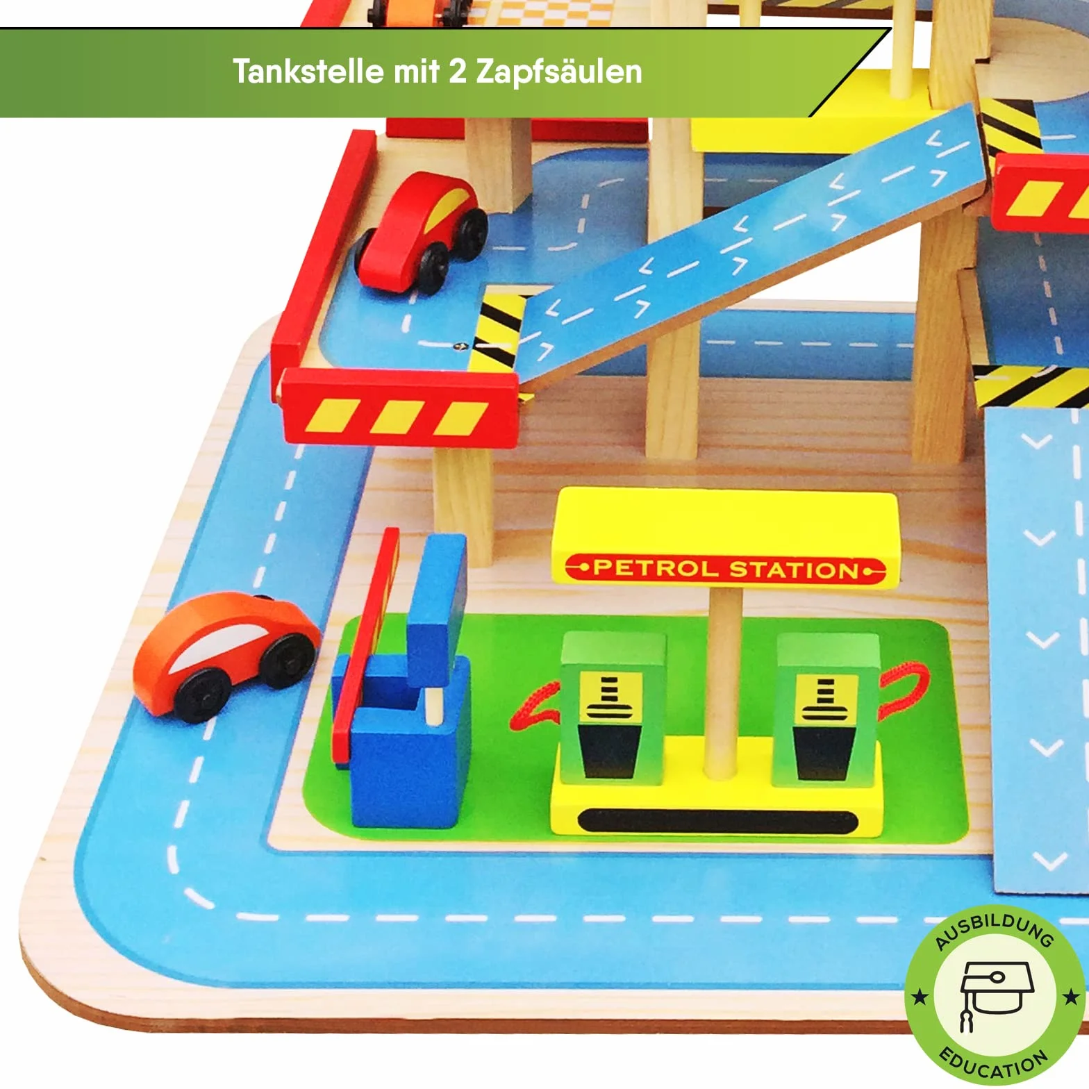 CASA DE Aparcamiento para Niã‘Os Balinco, Aparcamiento con 3 Plantas, Ascensor, taquilla, Lavado de Coches, gasolinera, 4 Coches, helicóptero - Juguetes de Madera a Partir de 3 años