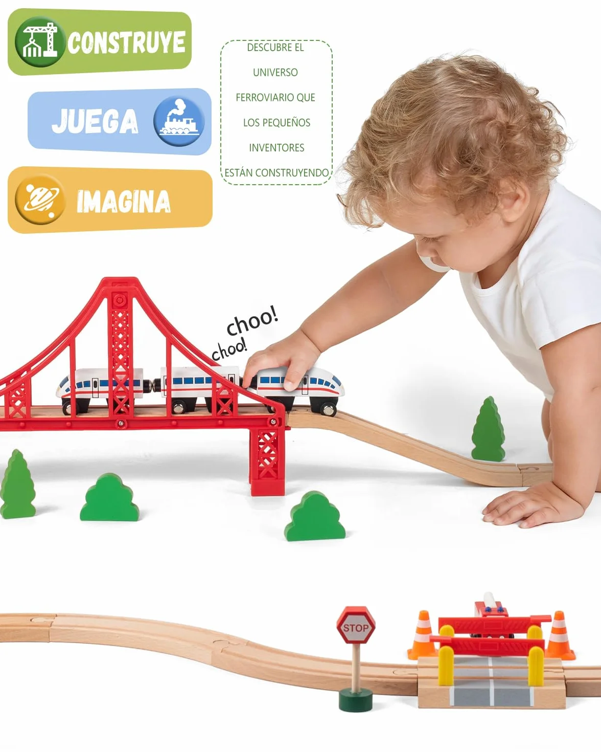 Tren Madera Tren Juguete Accesorios Accesorios para Vías de Ferrocarril Tren de Doble Puente Colgante Trenes de Juguetes para Niños 3-5 Años