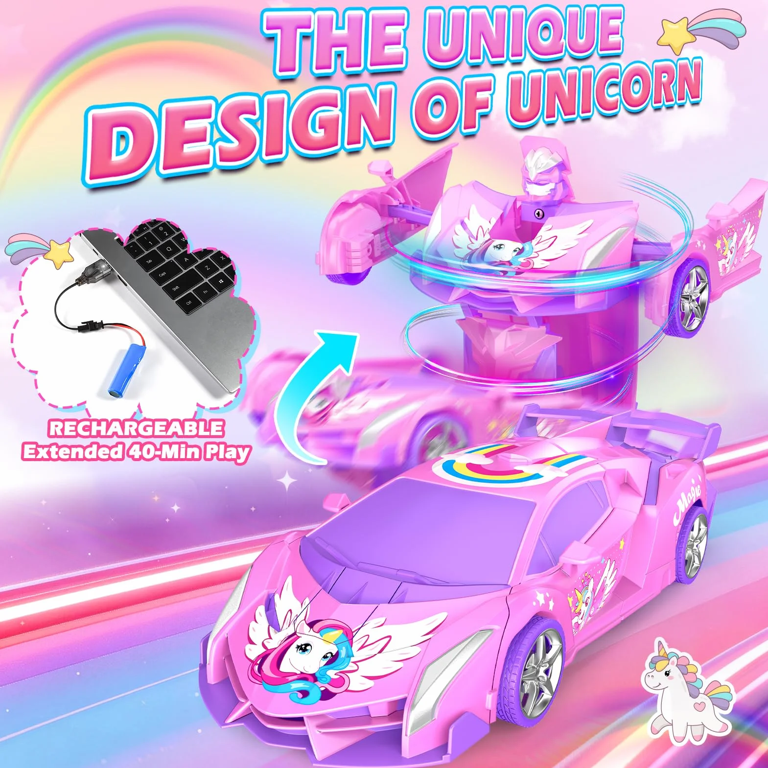 Unicornio Coche Teledirigido Niña, 2 en 1 Radiocontrol Transformar Coche RC 2,4GHz & Rotación 360°, Robot Unicornio Juguetes Niña 3 4 5 6 7 8 9 Años, Regalo Cumpleaños Navidad para Niños de Pascua