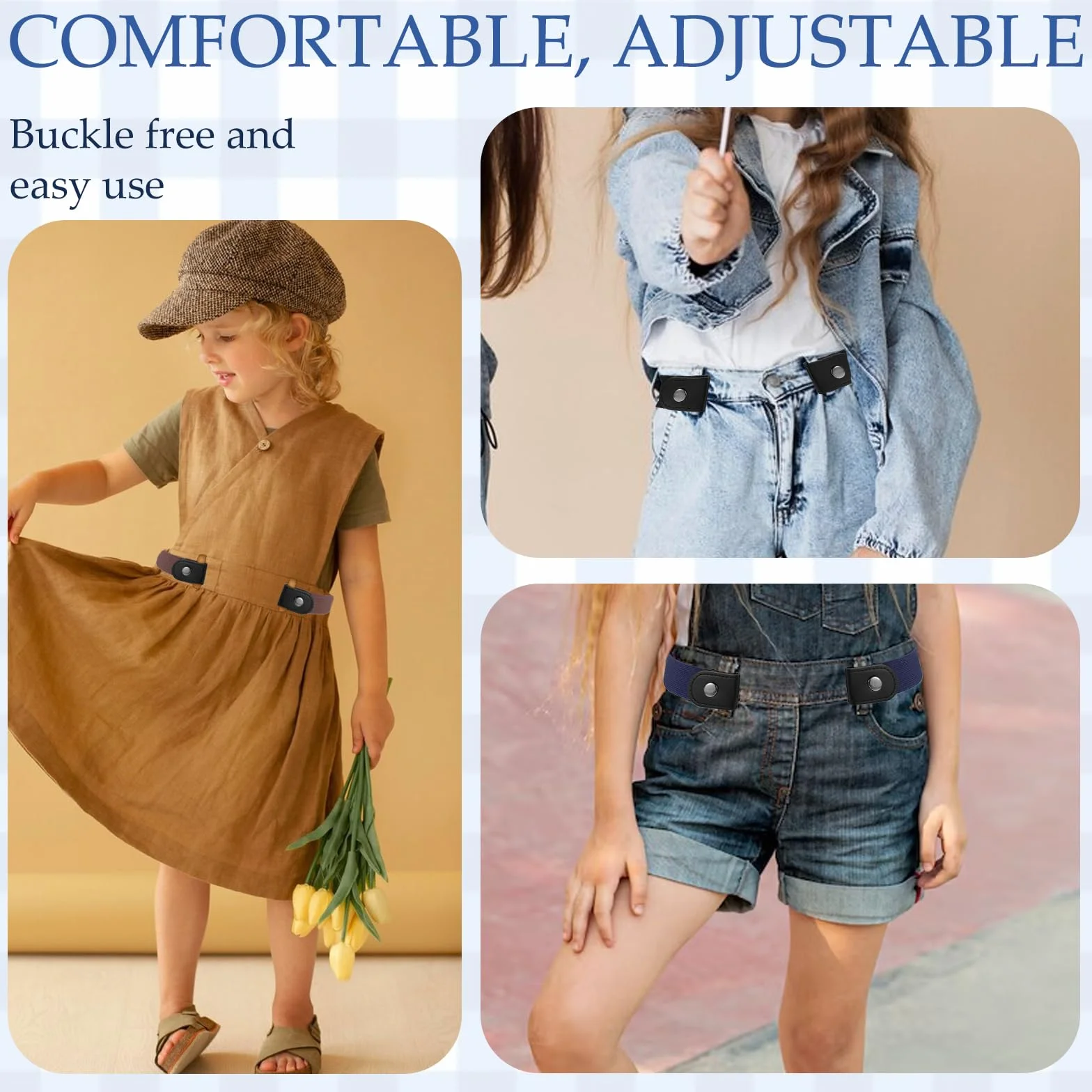 Cinturones sin hebilla para niños, elástico invisible, uniforme escolar vaquero, Negro + Azul + Marrón, 40-63 cm