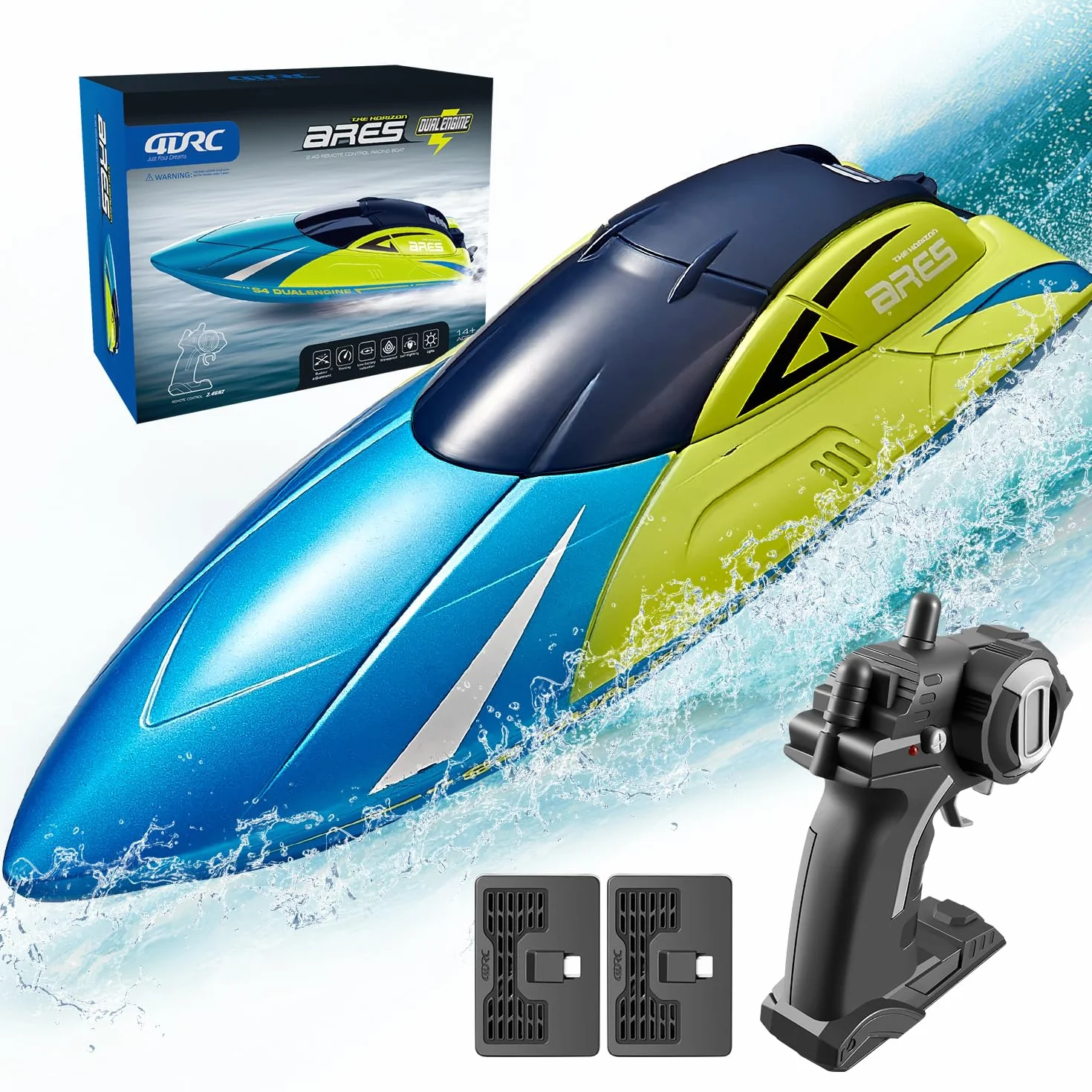 4DRC Barco RC con luz LED, más de 30 Minutos, para Piscinas y Lagos más de 20 mph, Barcos de Carreras de 2,4 GHz, 2 baterías,Juguete de Piscina para niños a Partir de 8 años
