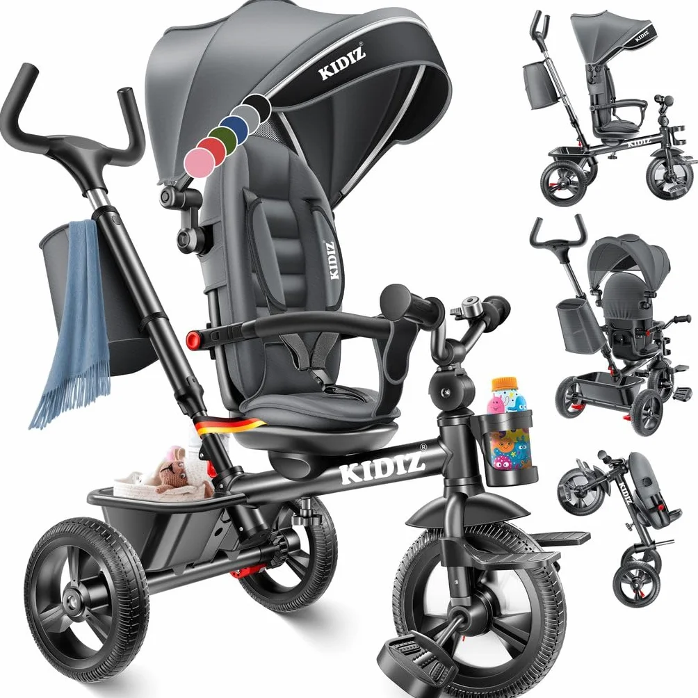 KIDIZ® Triciclo 5 en 1 para niños con barra de empuje sistema de dirección, barra para niños de 1 año, funciona en ambos sentidos: adelante e inverso, bolsa, cesta, soporte de la bebida