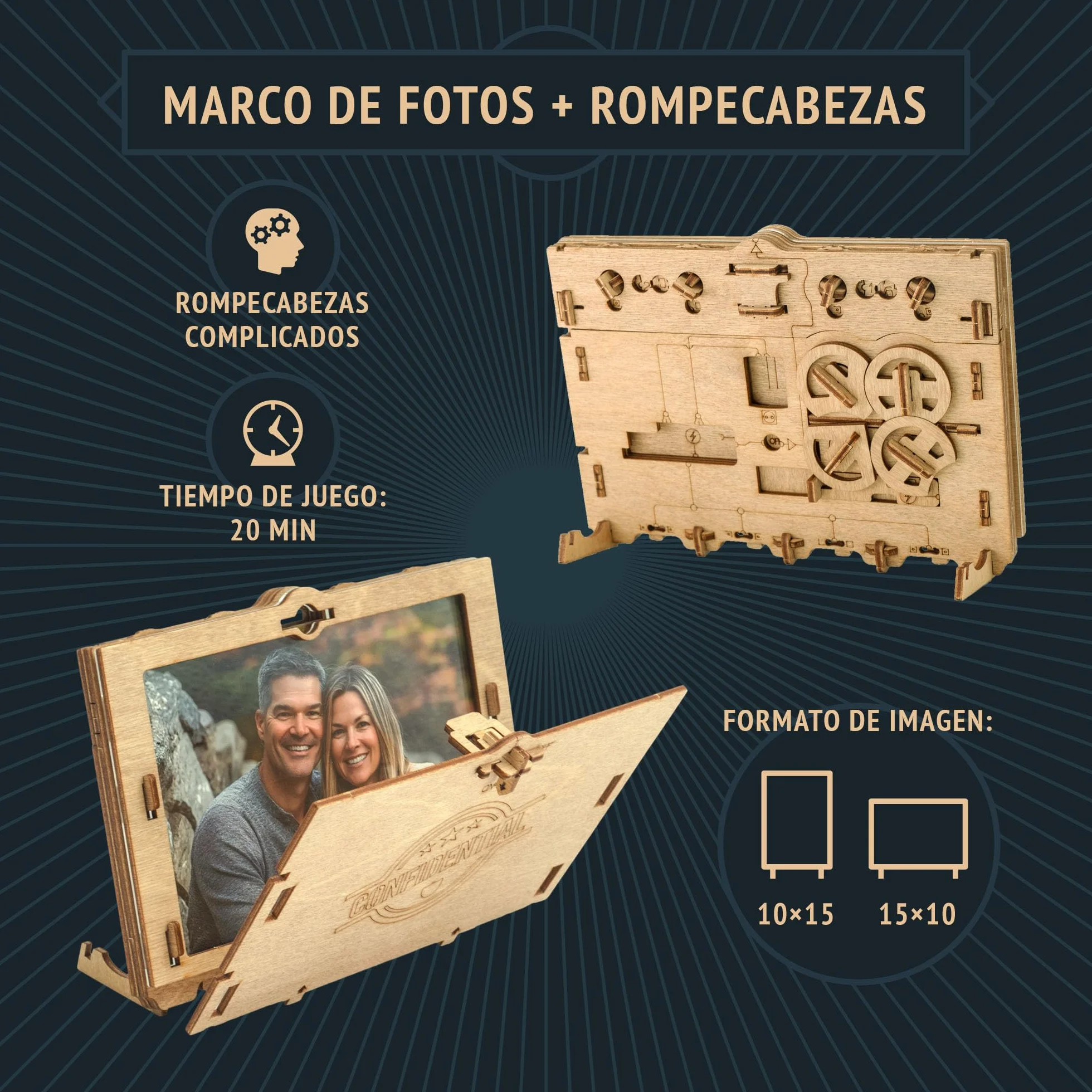 iDventure Clueframe – Marco de Fotos Secreto Caja rompecabeza – Juego de Escape Room – Caja Personalizada - Puzzle 3D de Madera - Regalos Originales