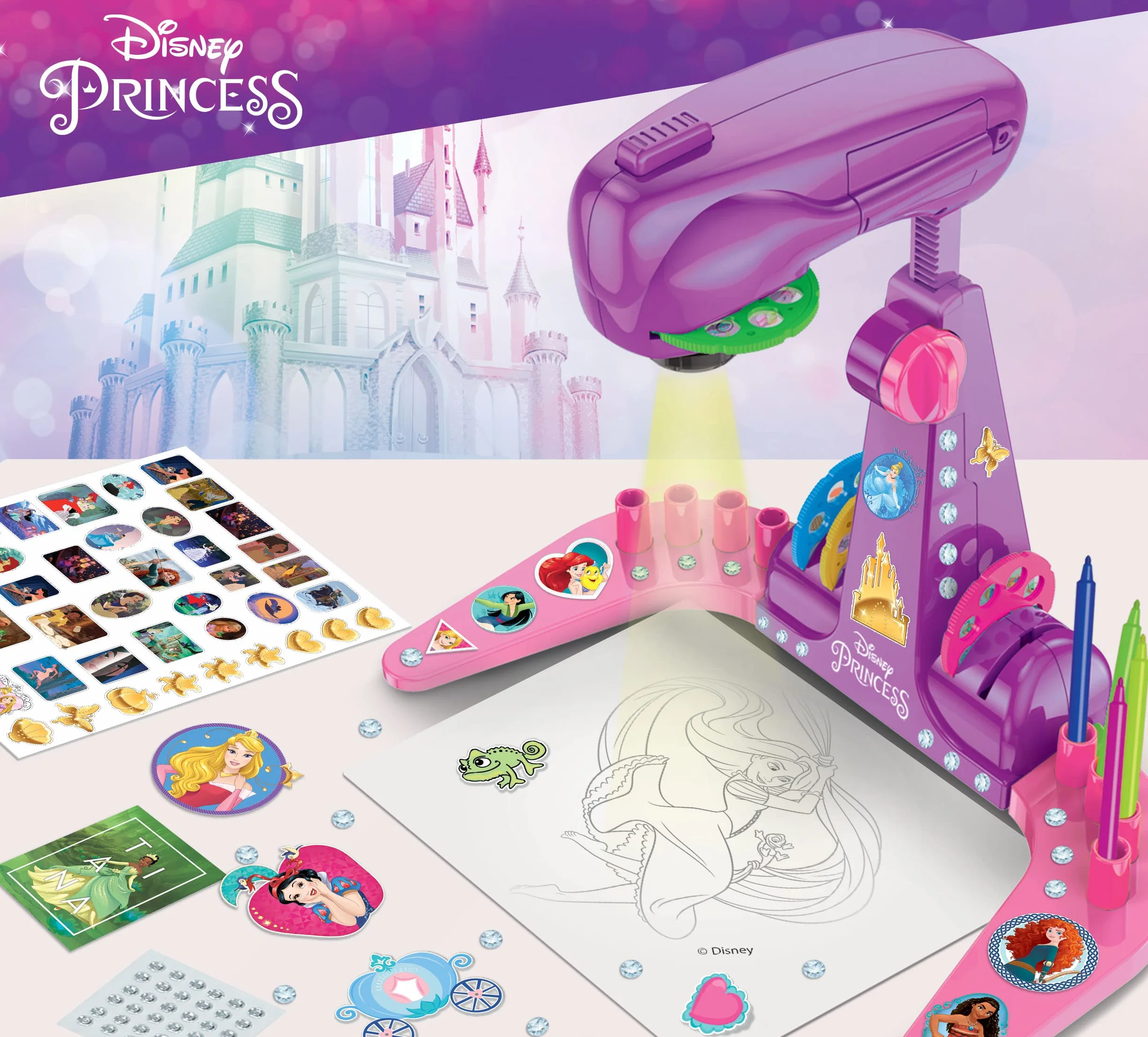 Lisciani Giochi - Escuela de dibujo con proyector de PRINCESAS DISNEY - Para niños a partir de 3 años - Aprende a dibujar con modelos proyectados - Incluye modelos, papel y lápices - Juego creativo