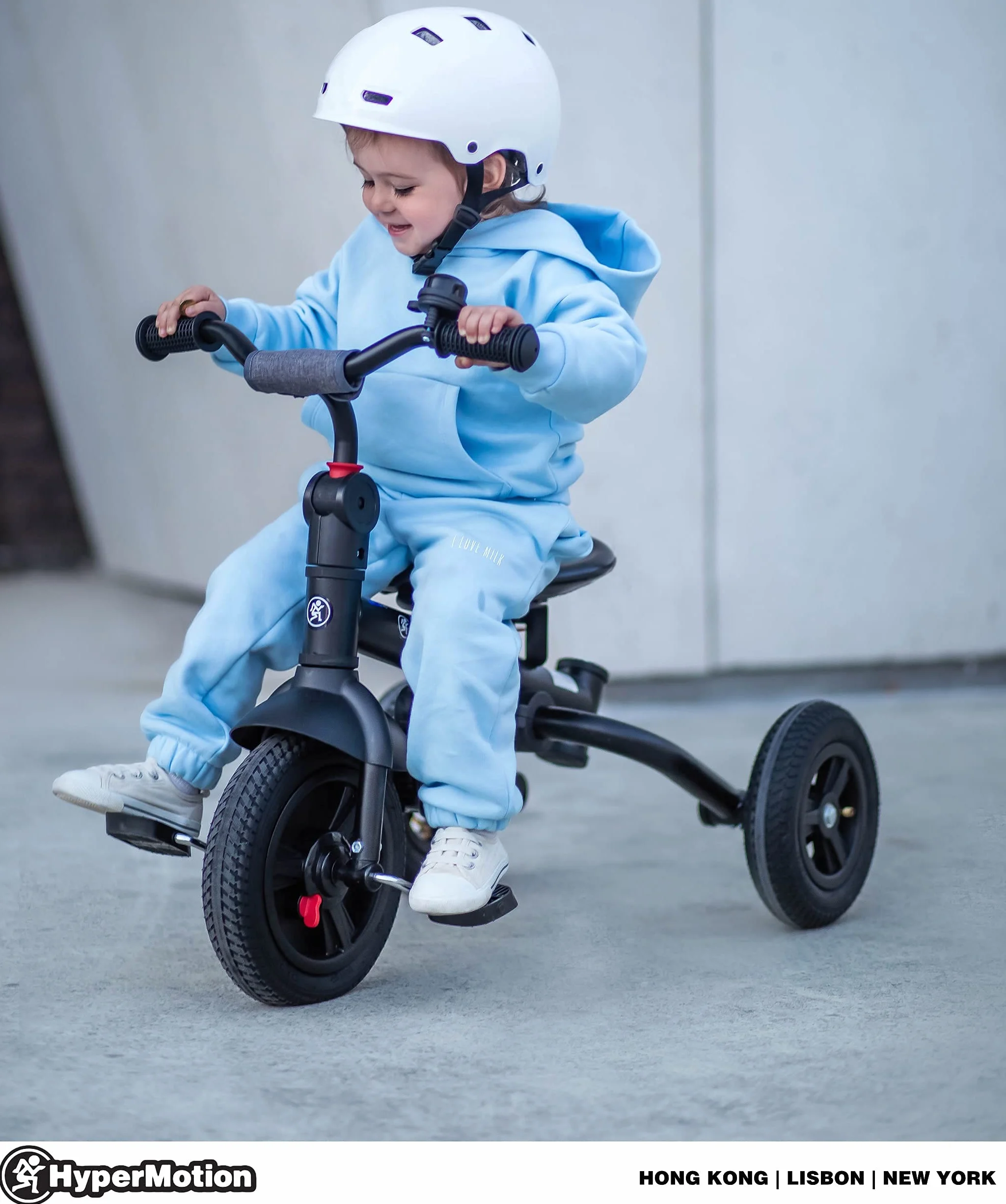 HyperMotion Triciclo Infantil 3 en 1 - Coche para Bebé con Asiento Giratorio y Cubierta de Lluvia - Triciclo Evolutivo 12 Meses a 5 Años, Plegable, Ruedas Bombeadas, 25kg, Gris
