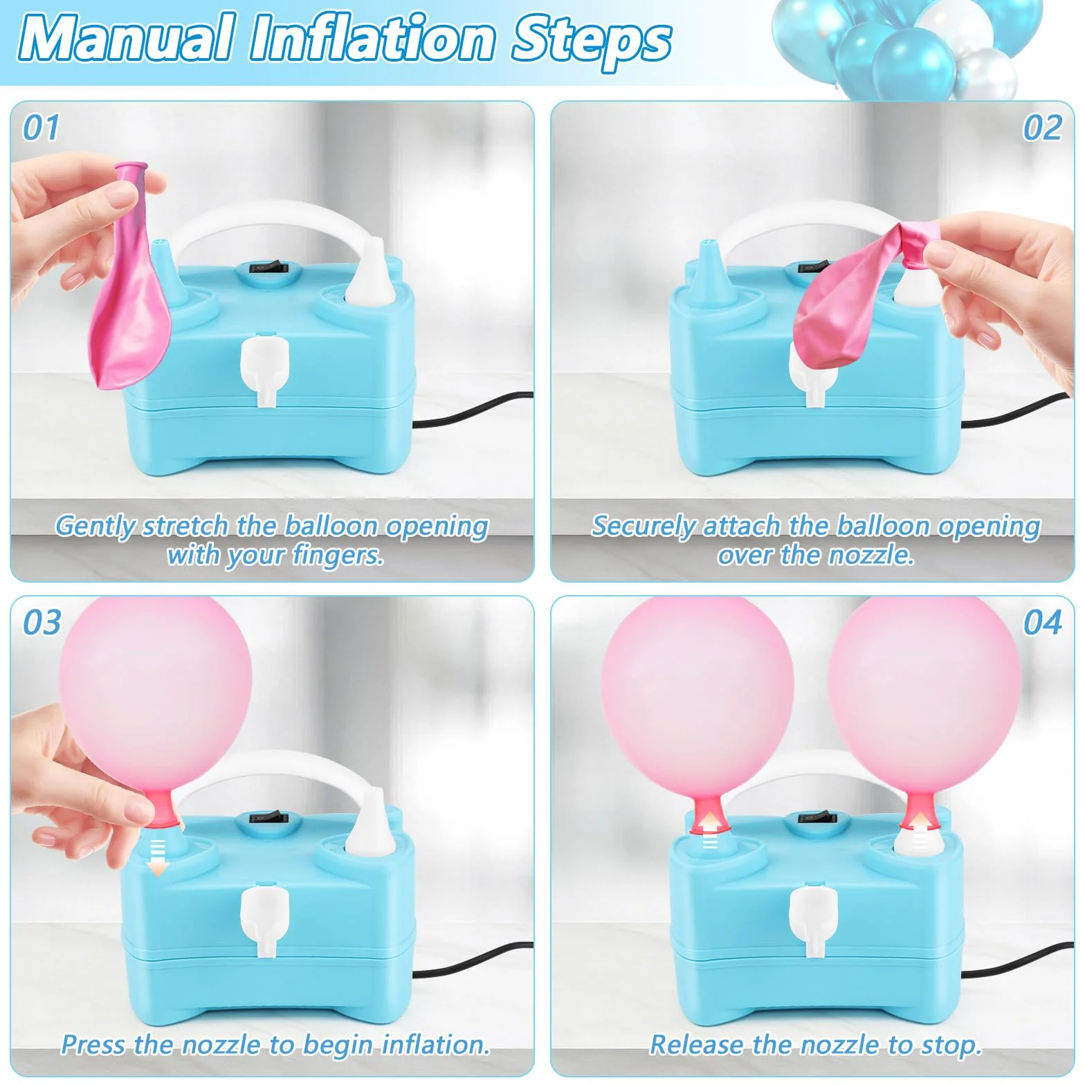 Inflador Globos Eléctrico 220V Doble Boquilla Portátil Bomba de Aire para Fiestas