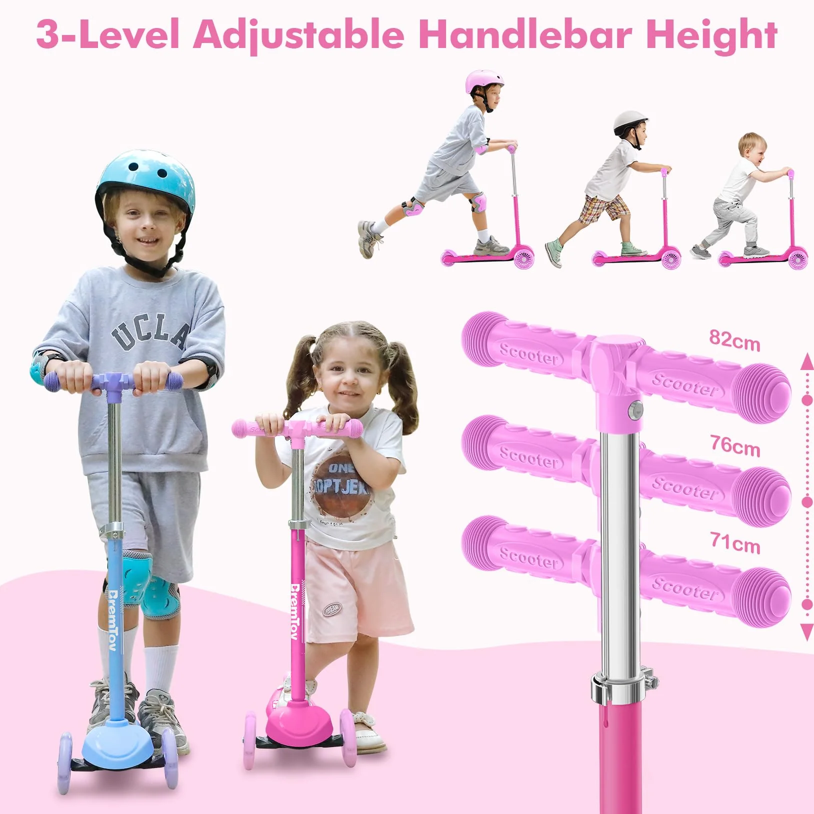 BremToy Patinete Niños 3 Años, Patinete Niños con Deck Luminosa y Ruedas LED de PU, Altura Regulable en 4 Niveles, Frenado Responsivo, Ligero, Patinete para Principiantes de 3 a 8 Años