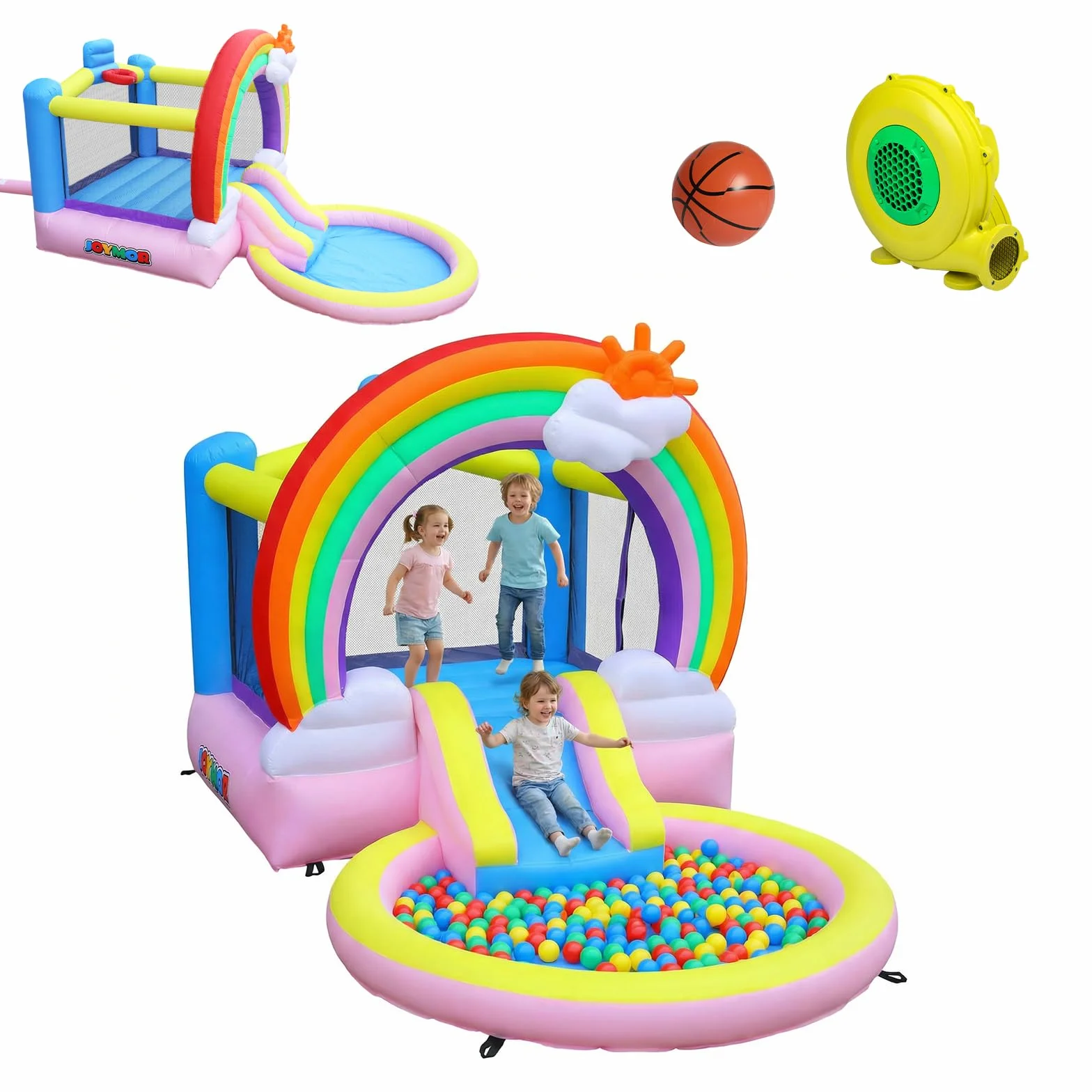Bonnlo Tobogán Hinchable Infantil con Piscina, 370x192x192 cm, Cama Elástica y Diseño Arcoíris Nubes, Parque Inflable para Jardín Exterior e Inretior, Oxford 420D+840D