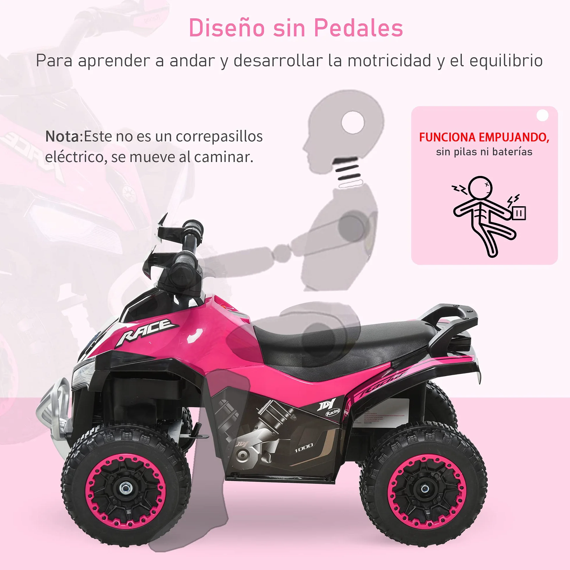 HOMCOM Quad Correpasillos Coche Correpasillos para Niños de 18-36 Meses con Función de Luces y Música Soporta hasta 20 kg 67,5x38x44 cm Rosa