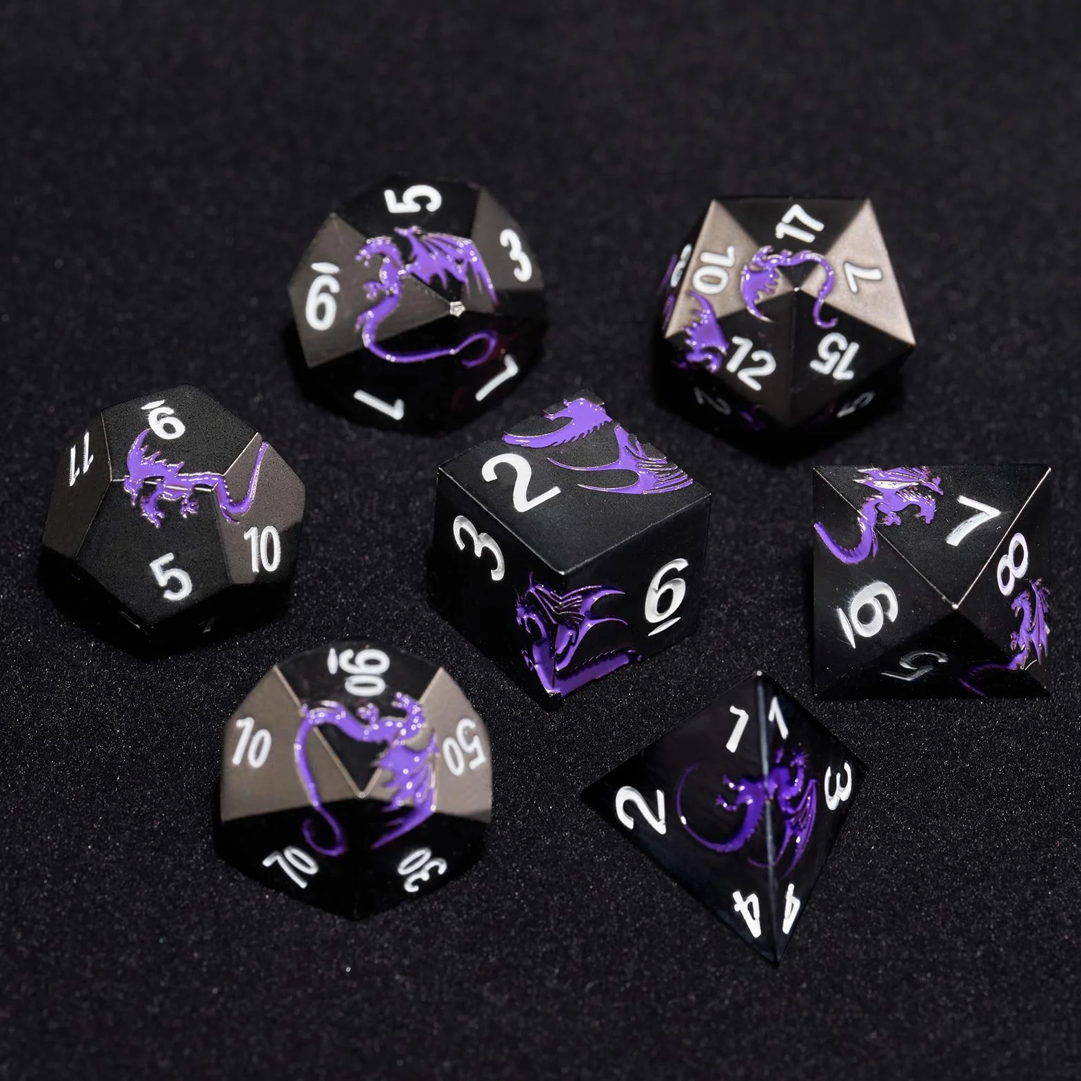 Juego de dados de metal D&D, dados poliédricos de 7 piezas, dragón, metálicos, para juego de mesa de Dungeons and Dragon, RPG (dragón negro y púrpura)