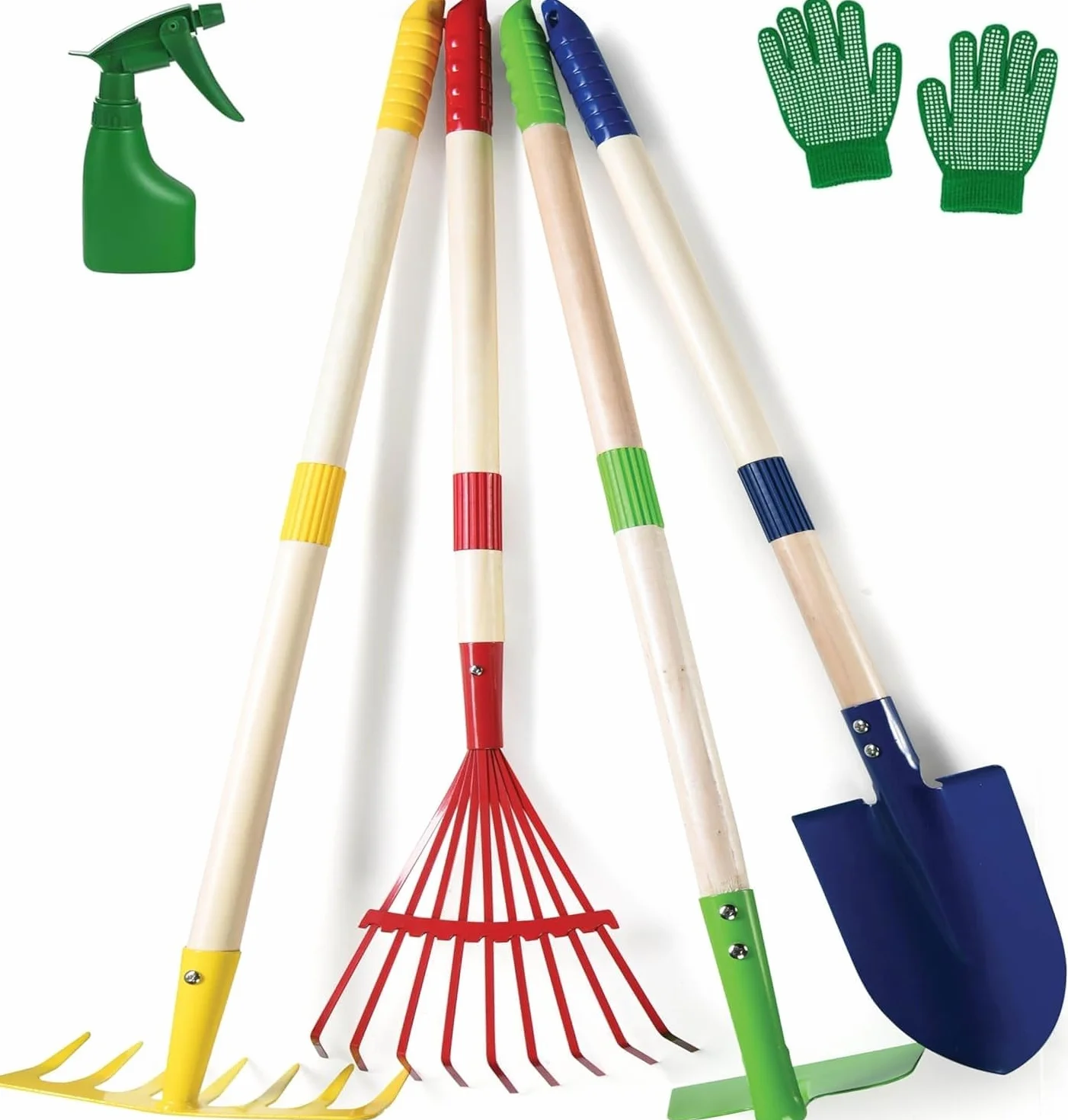 LATERN 6 Piezas Herramientas de Jardinería para Niños, 71CM Metal Grande Pala Rastrillo Azada Hojas Rastrillo con Mango de Madera, Regadera, Guantes - para Exterior Jardín Patio Césped Cavar Jugar