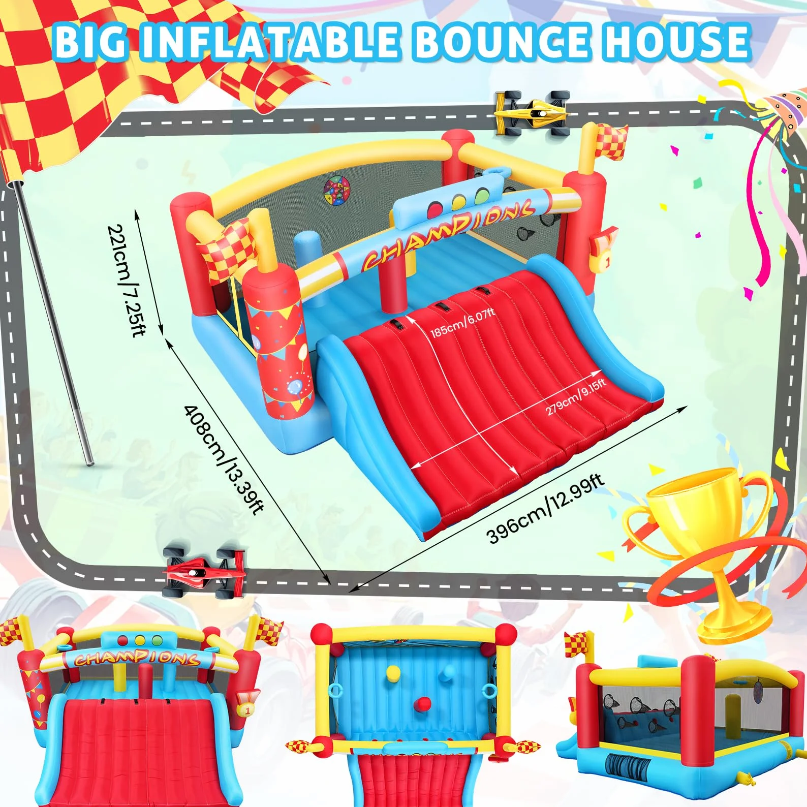 AKEYDIY Gran Casa de Rebote Inflable para Niños Grandes, Casa Hinchable con Tobogán Extra Ancho/Temas de Carreras de Escalada para Centro de Juego - Obstáculos de Patio Trasero, Castillo Hinchable