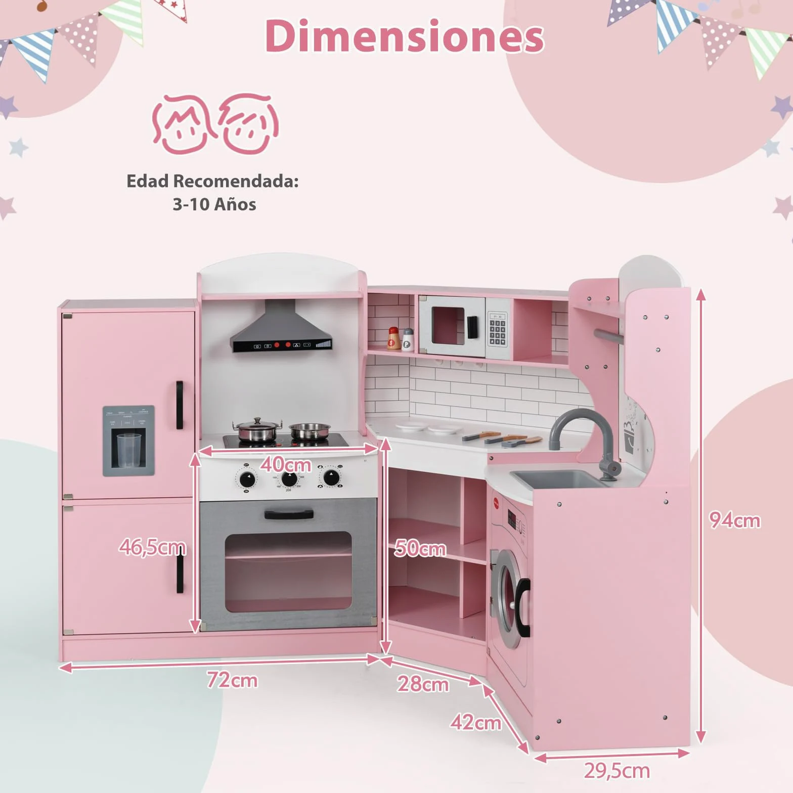 GOPLUS Cocina de Juguete de Esquina para Niños, Cocinita Infantil con Máquina de Hielo, Microondas, Estufa, Horno, Fregadero, Lavadora, con Luces y Sonidos para Niños Pequeños de 3-10 Años (Rosa)