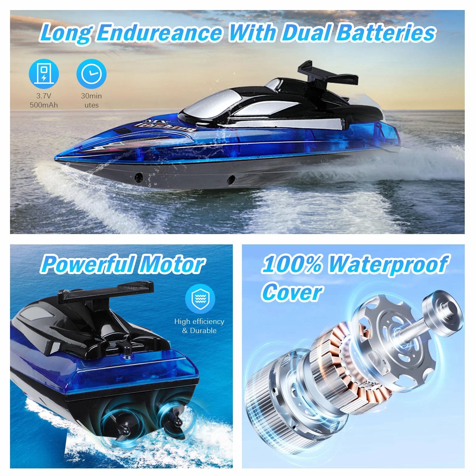 Barco RC para Niños con Luces LED, Control 2.4 GHz, 2 Baterías Recargables, Alarma de Batería Baja, Juguete Acuático para Piscinas y Lagos, Niños de 8 a 12 Años