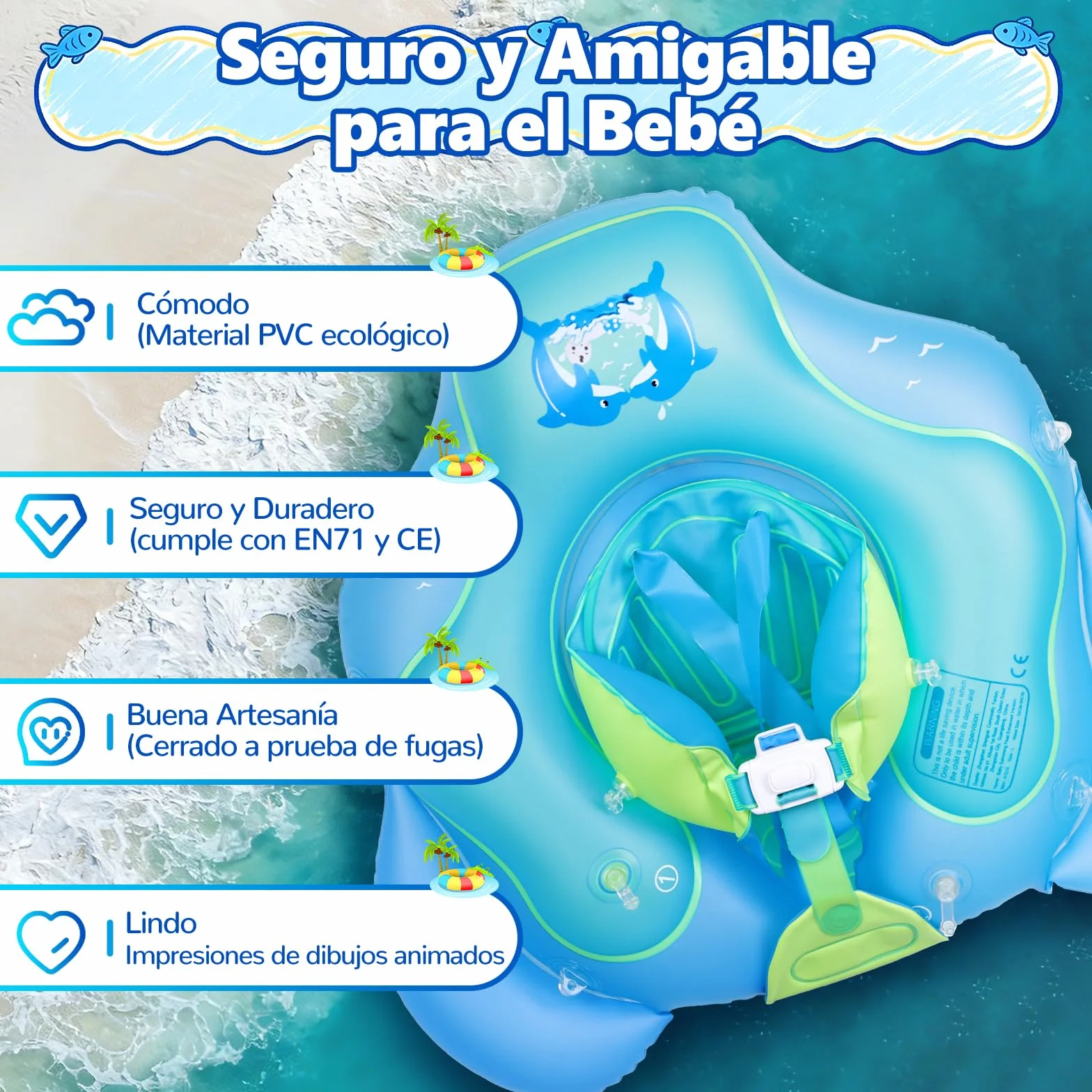 Flotador de Bebé UPF 50+ Boya Piscina Antivuelco Asiento Acuático 6-36 Meses