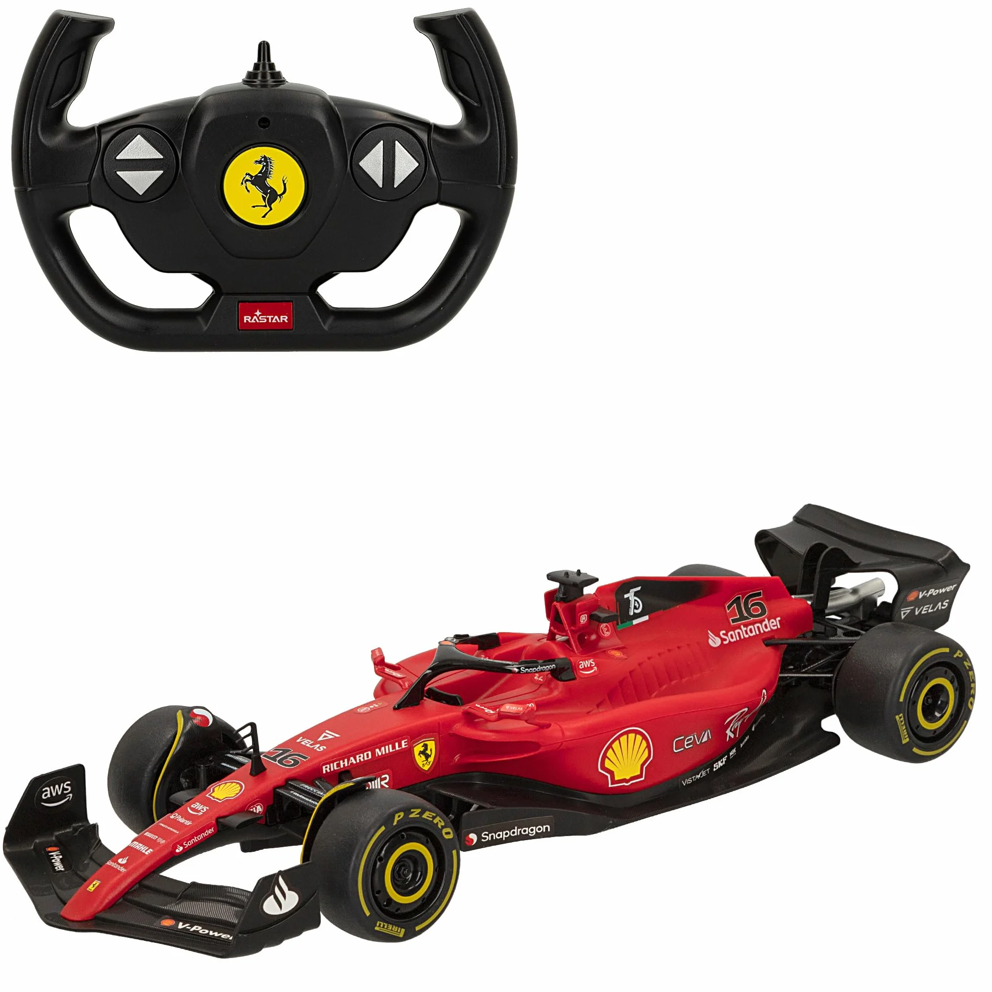ColorBaby RASTAR - Coche teledirigido Fórmula 1 2022 Ferrari F1-75, Licencia Oficial, Escala 1:18, Coches teledirigidos, Vehículo radiocontrol, Control Remoto, 2.4 GH.z, Sainz + Leclerc, RC (41277)