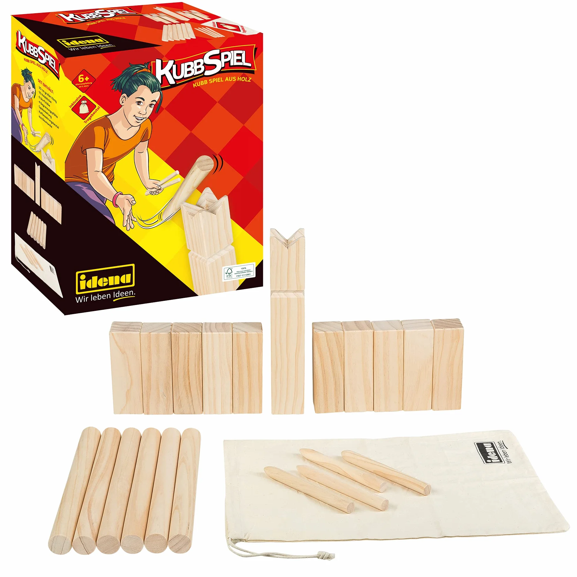 Idena 40175 Nordmann Juego de Lanzamiento 10 Cubos 6 Maderas Rey 4 Barras Bolsa Transporte