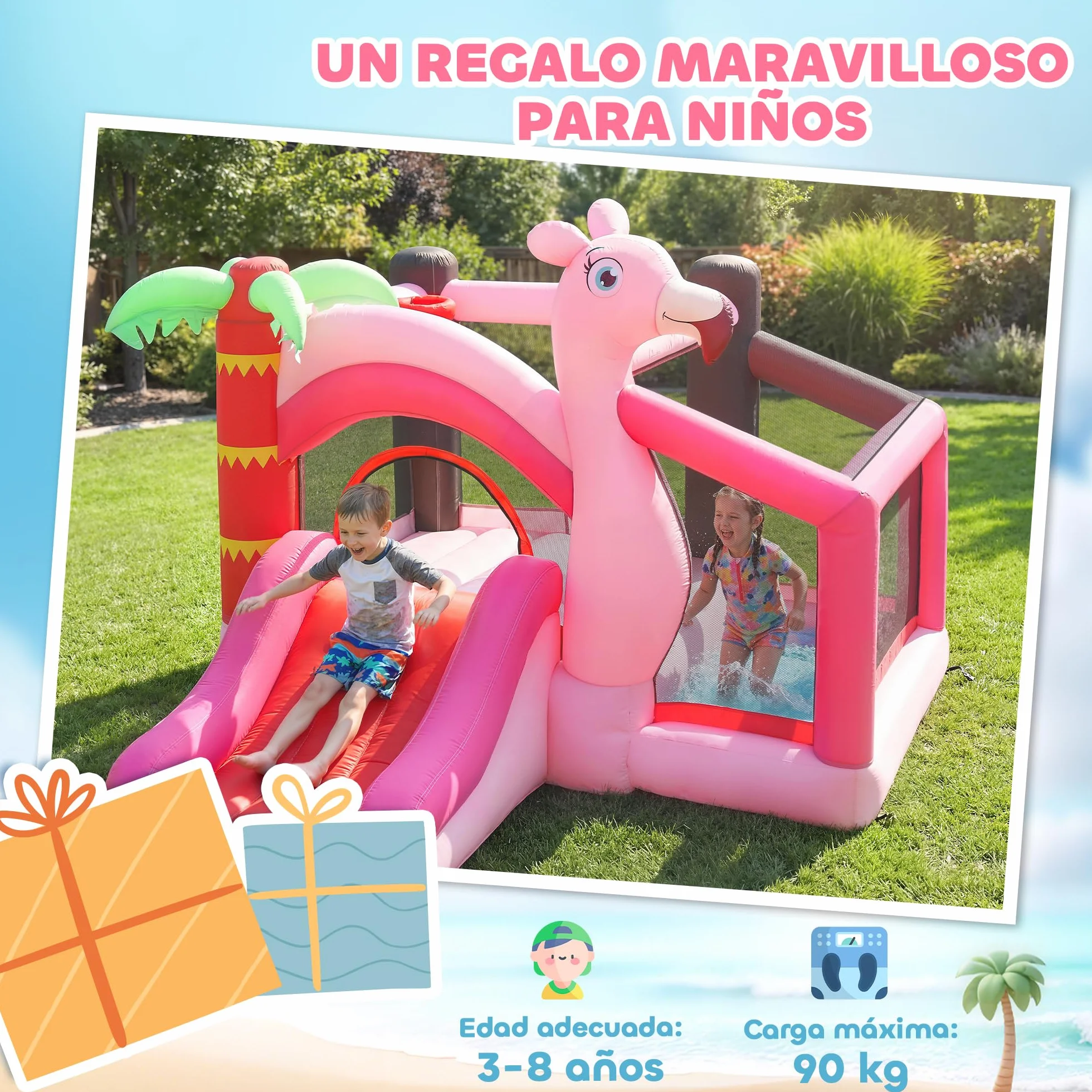 AIYAPLAY Castillo Hinchable para Niños con Soplador, Castillo Hinchable con Tobogán, Cama Elástica, Piscina de Pelotas, Canasta de Baloncesto, Diseño de Flamenco, Interior y Exterior, 255x230x196 cm