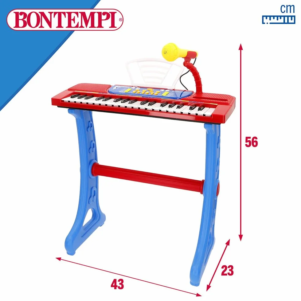 Bontempi Piano Infantil 37 Teclas con Taburete, micrófono y Atril, 4 Sonidos, 4 ritmos, 11 melodías, Función Aprendizaje Okon, Conexión USB-C o 4 Pilas AA (N/I), Juguete Musical, +3 años (47907)