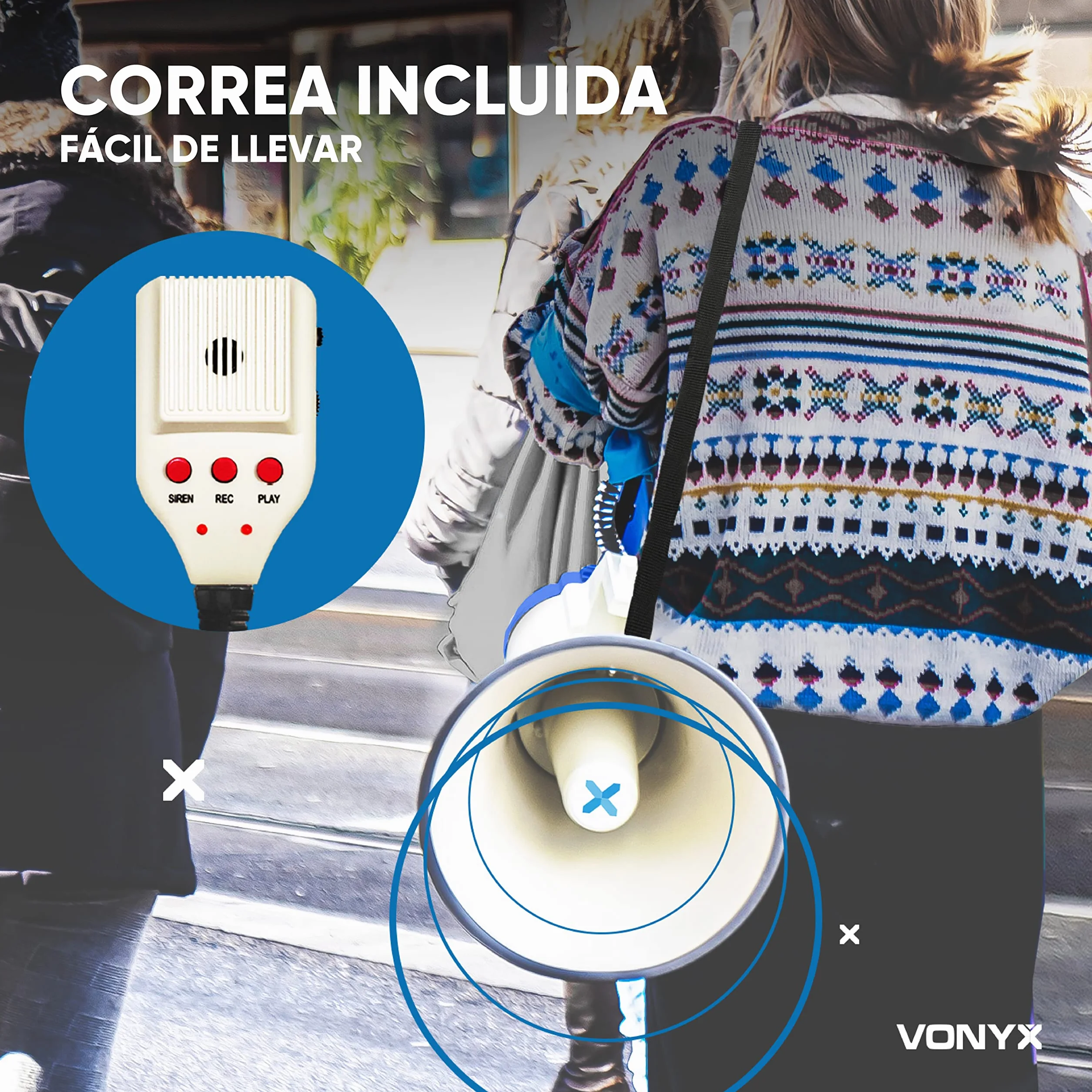Vonyx Megáfono Portátil 55W 60W 65W Grabación 1,2 km Micrófono Extraíble Reproductor MP3 USB Correa Hombro