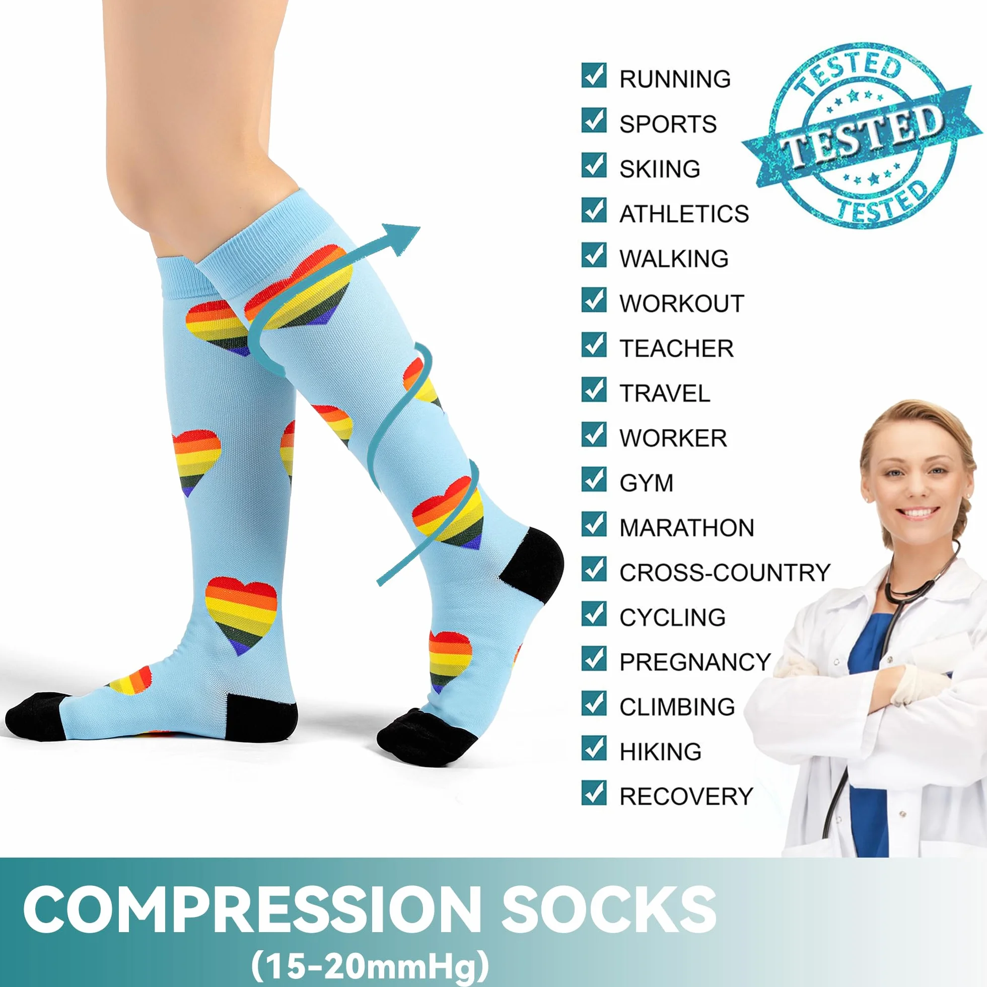 BISOUSOX 4 Pares Medias de Compresión Mujer Hombre 15-20 mmHg Hasta la Rodilla Calcetines Deporte