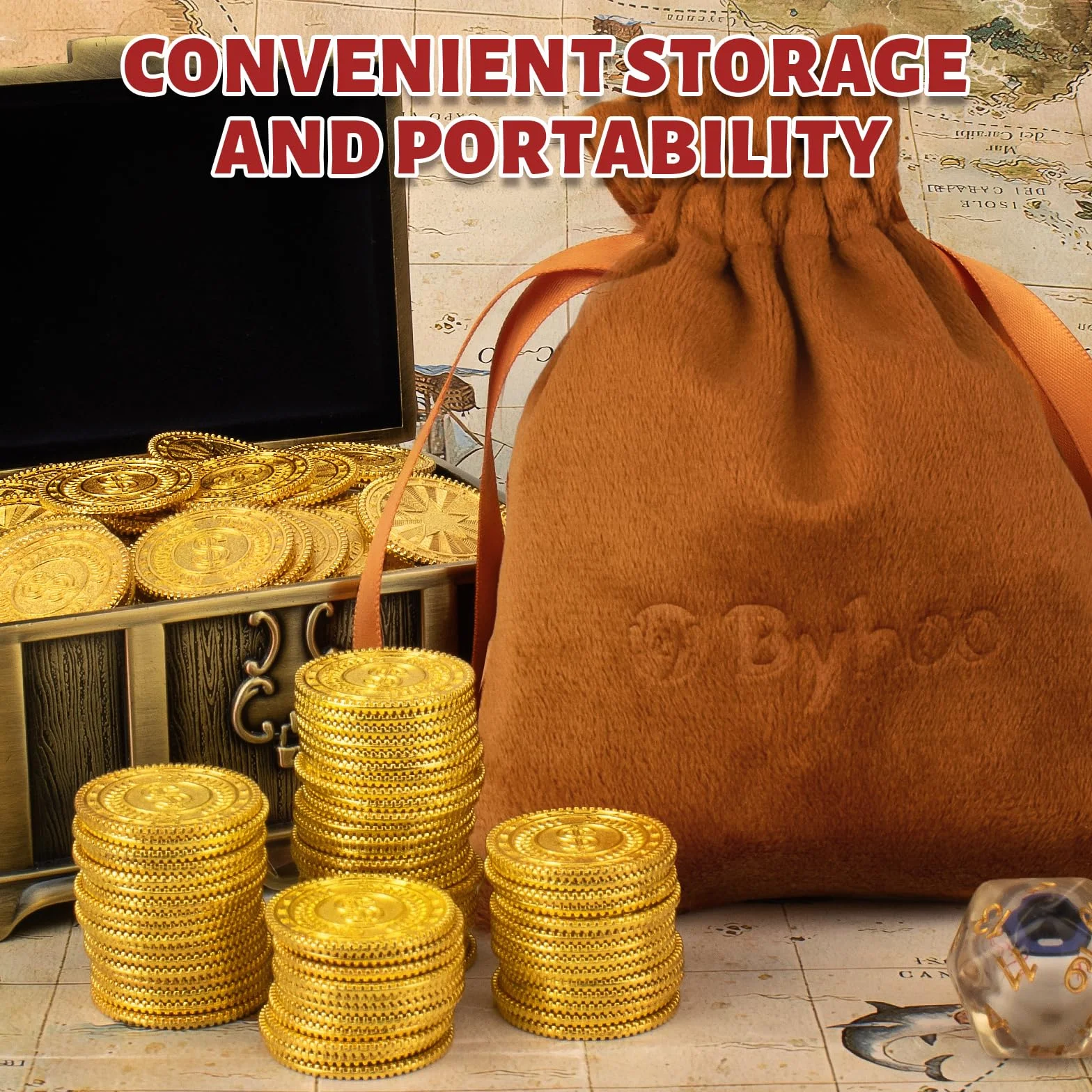 Byhoo 50 Monedas de Oro de Metal, DND, Monedas Piratas, Herramienta de Alivio del estrés, con Bolsa de cordón de Terciopelo para Juegos de Mesa, Juegos de rol, Caza de Tesoros, Piratas, Aventuras