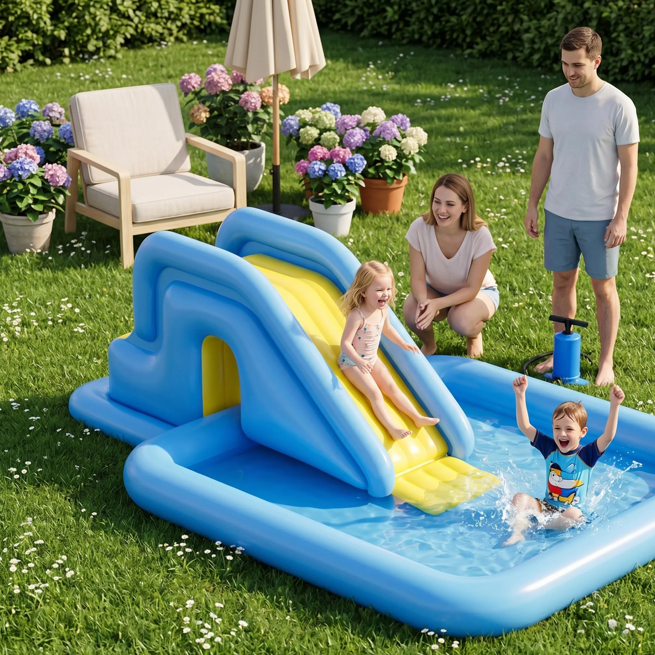 Tobogán Inflable para Piscina, tobogán acuático Inflable, fácil Almacenamiento para Uso y Patio Interior, Azul Claro, con Bomba de pie