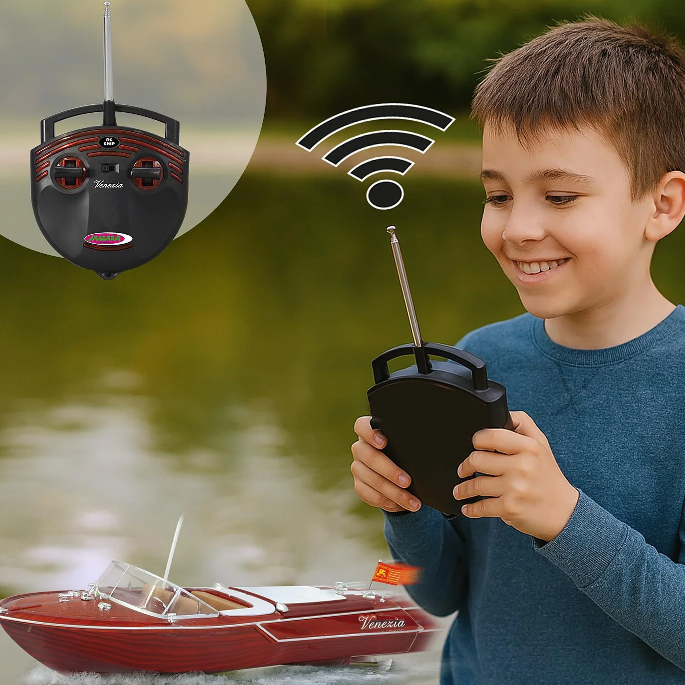 Jamara 040390 - Venezia 2 Canal 40Mhz - 2 Motores, Le hélices se giran Solamente en Agua, Tapa con Cerradura rapida, Ejes de propulsión