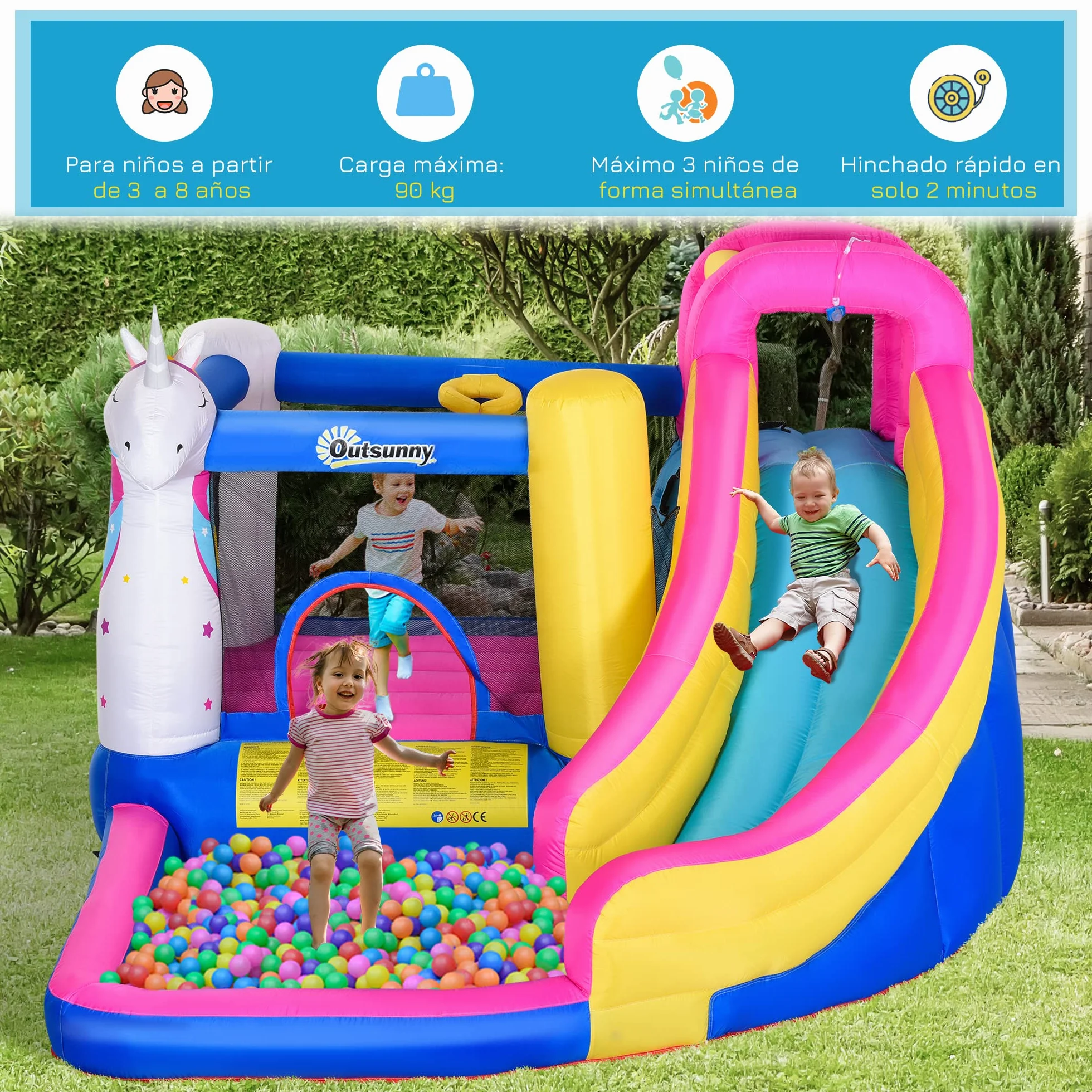 Outsunny Castillo Hinchable para Niños Castillo Inflable Infantil en Forma de Unicornio Parque Acuático con Tobogán Piscina Cama de Salto Inflador y Bolsa de Transporte 360x305x210 cm para 3-8 Años