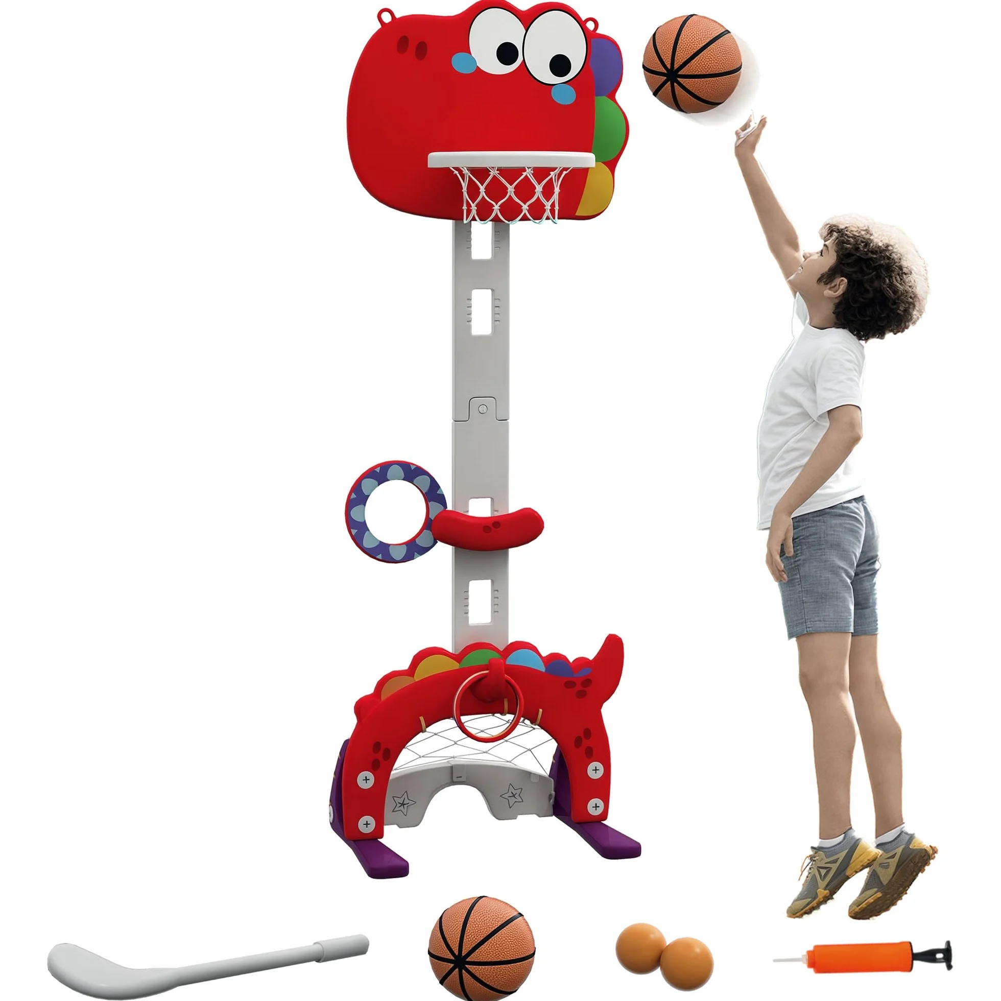 AIYAPLAY Canasta de Baloncesto Infantil 5 en 1 Altura Ajustable con Fútbol Golf Lazo Juego de Lanzamiento de Pelota Rojo
