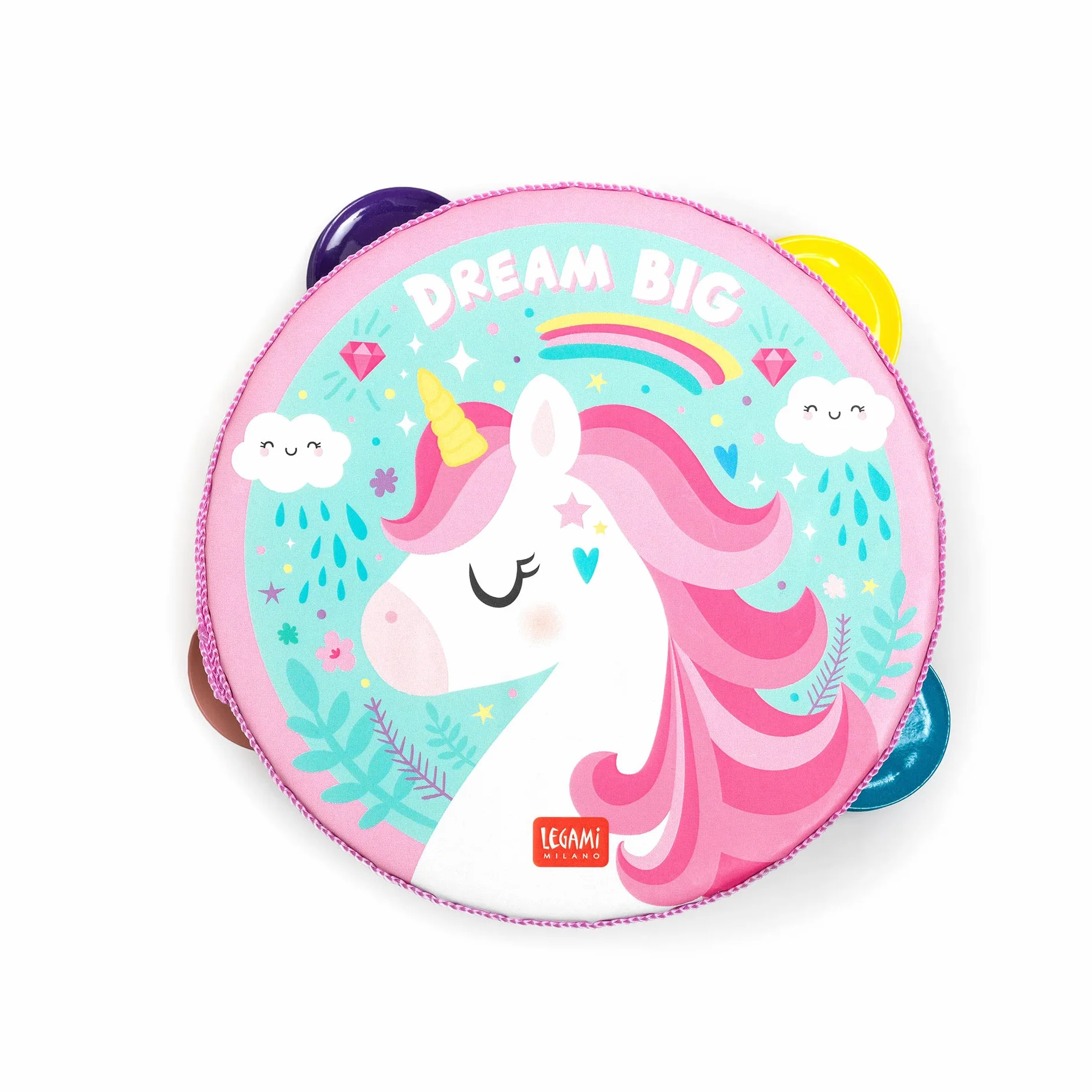 Legami - Pandereta Infantil 4 Sonajeros Mejora la Coordinación, Capacidad Motora, Sentido del Ritmo, Ø 14,5 cm, Tema Unicorn