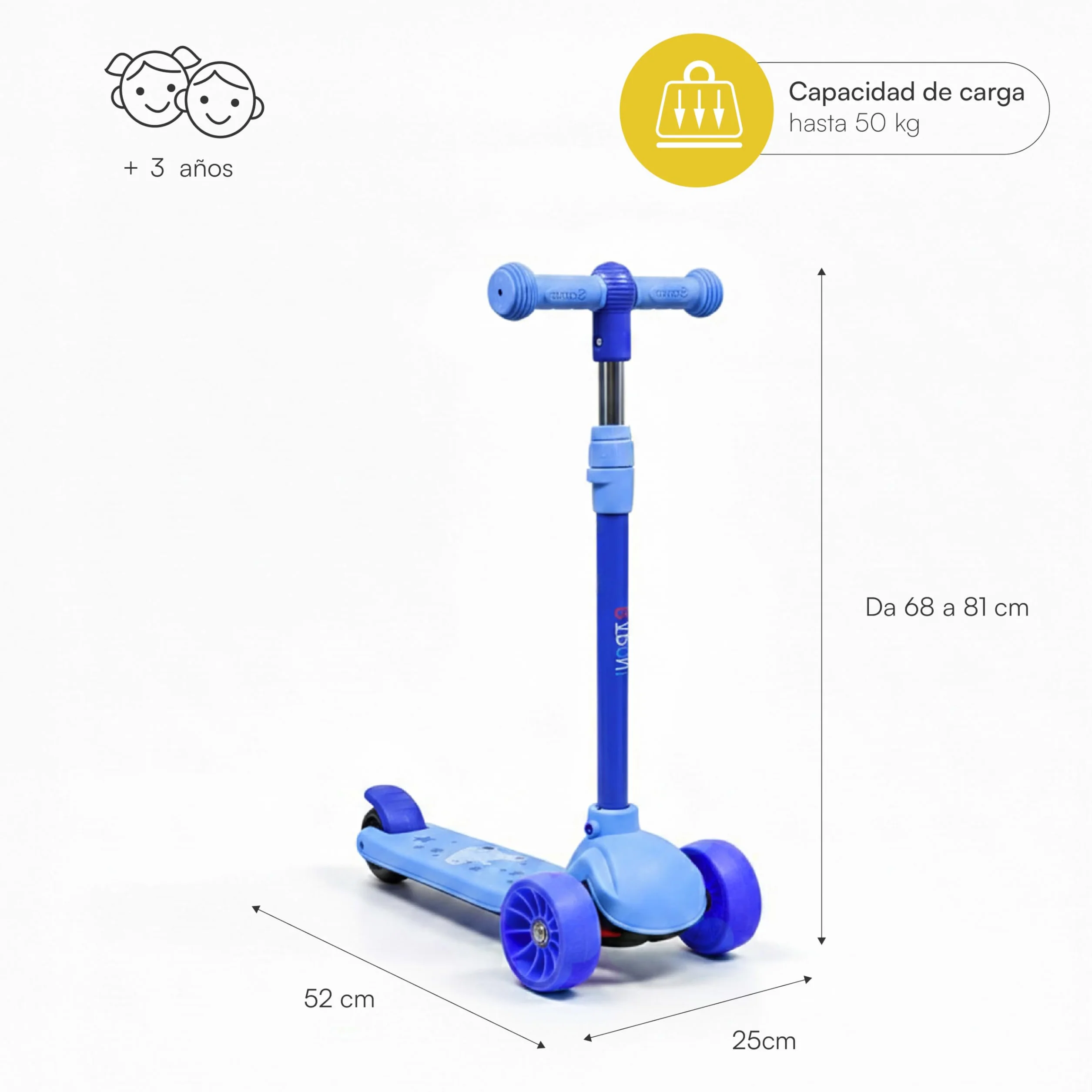 Baroni Toys Patinete 3 Ruedas Niños 3+ Años LED Sin Pilas Manillar Ajustable 3 Alturas Freno Trasero 52x25x81 cm Azul