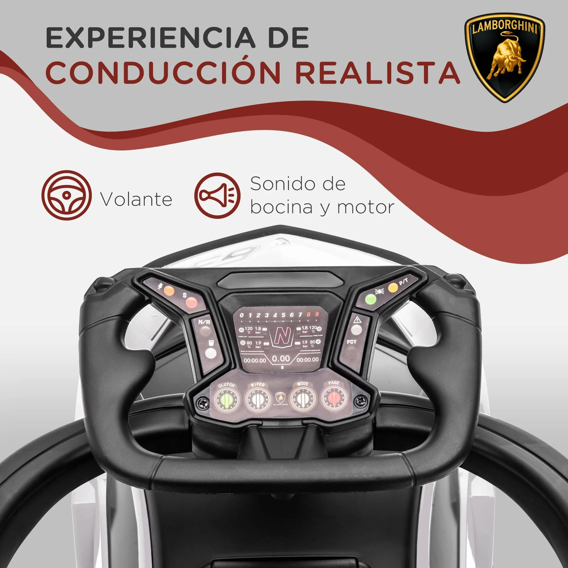 AIYAPLAY 2 en 1 Coche Correpasillos para Niños 12-36 Meses Lamborghini Essenza SCV12 Andador Empujador con Bocina Mango de Empuje y Barandilla Extraíbles 86,5x40x89,5 cm Blanco y Negro