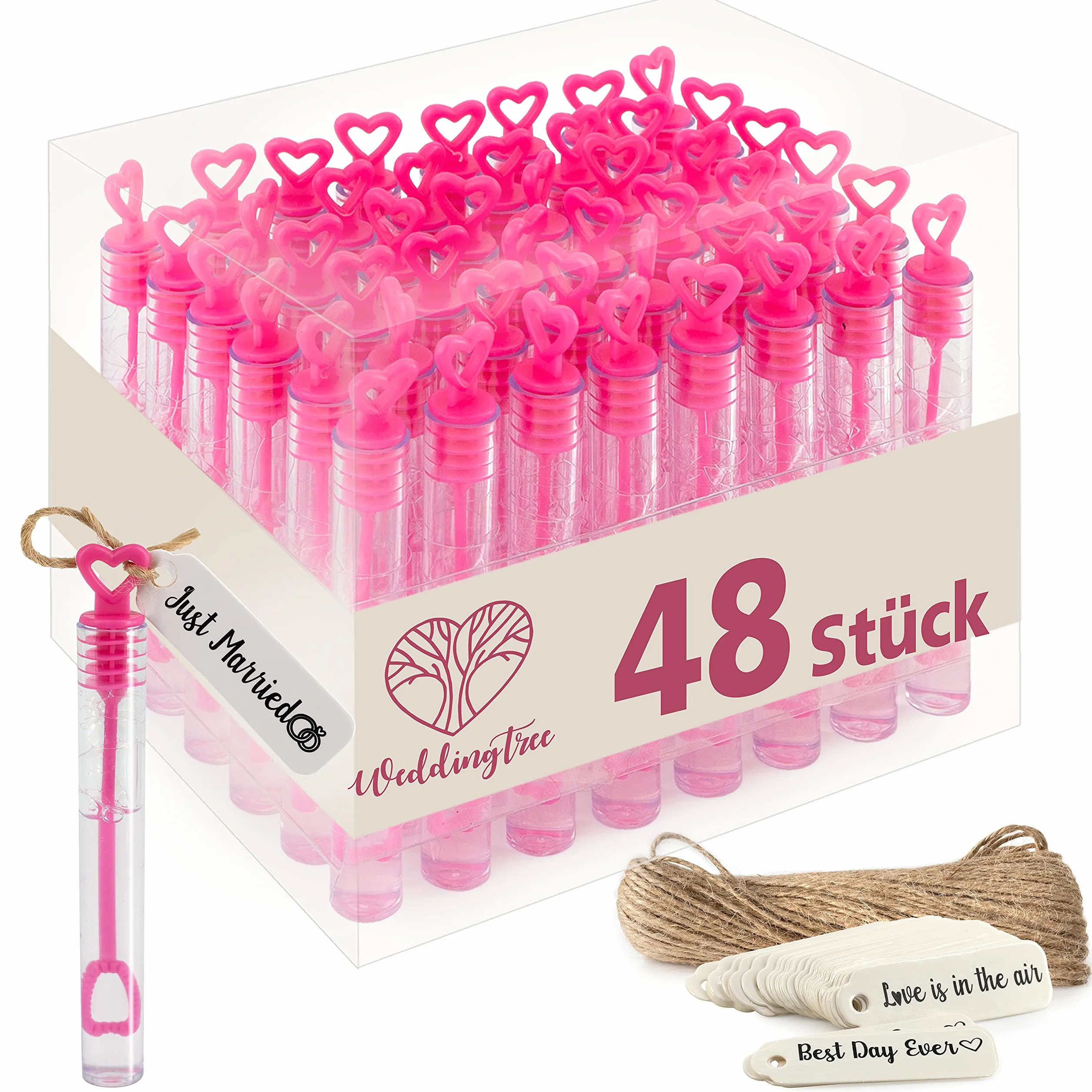 WeddingTree 48 Pompas de Jabon Boda Rosa - Pomperos Boda - con Mango en Forma de Corazón para Bodas, Bautizos, Cumpleaños, San Valentín u Otras Celebraciones