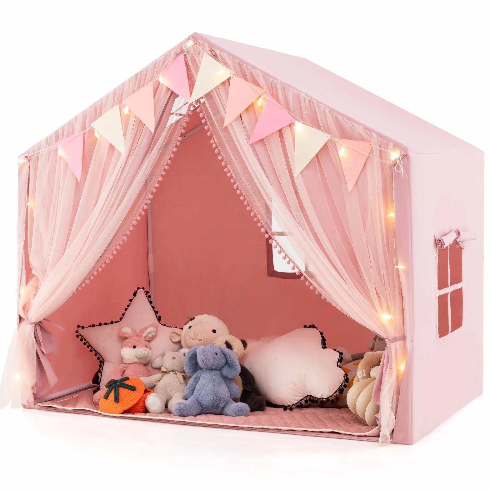COSTWAY Tienda de Campaña Infantil, Tienda Tipi Infantil con 2 Cortinas de Tela y Malla, Luces de Estrellas, 2 Ventanas Transpirables, Almohadilla de Algodón, Casita Niños Tela para 3-4 Niños (Rosa)