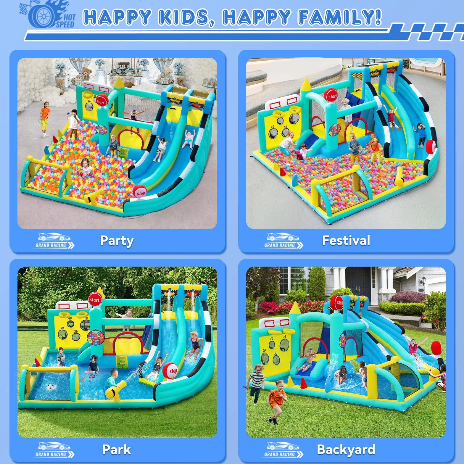 Castillo Hinchable Grande con Tobogán de Agua y Soplador, para Niños con Trampolín, Rocódromos, Baloncesto, Piscina, Peso 225 kg, para 4 Niños de 3 a 10 Años, 470×400×220 cm