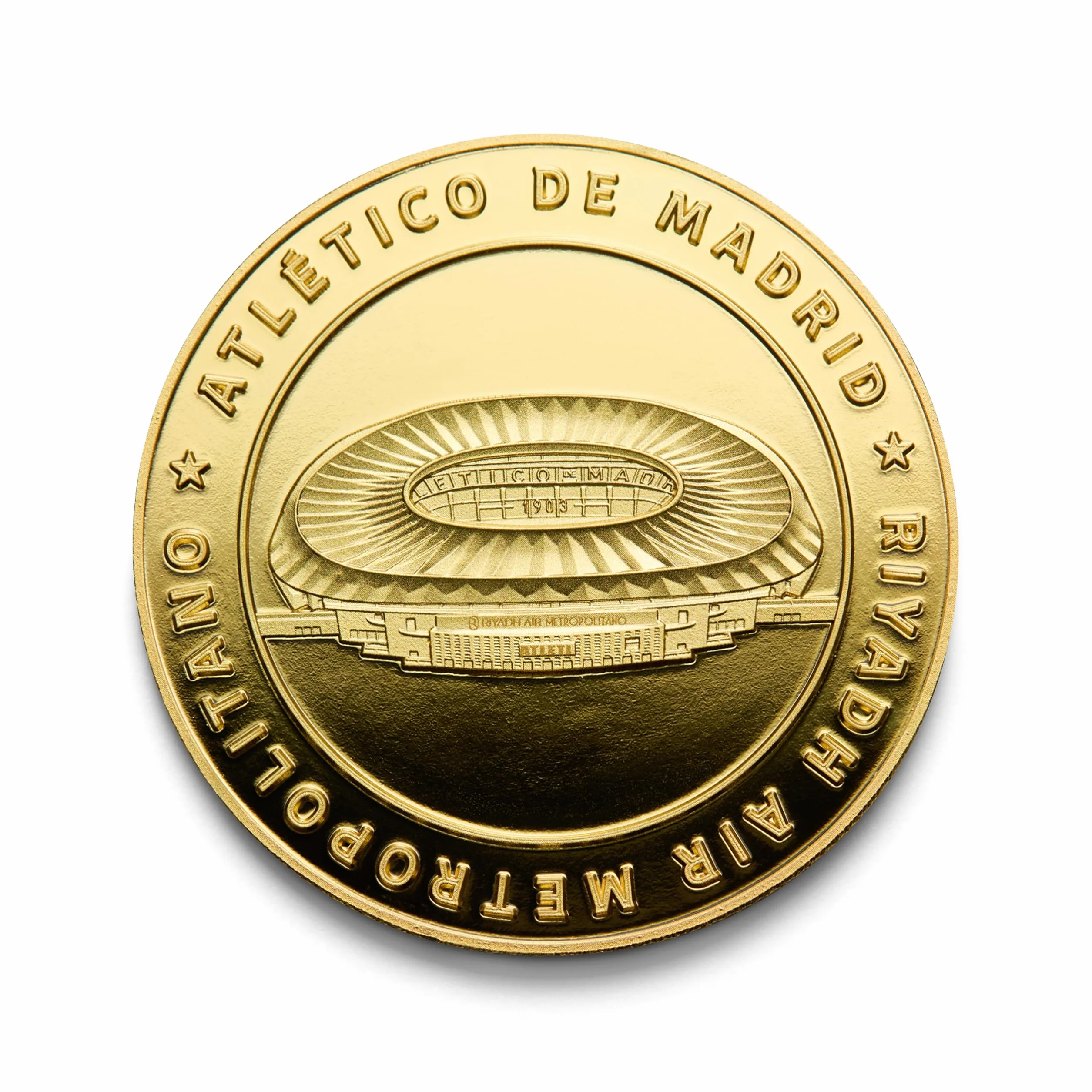Atlético de Madrid - Moneda edición Especial Escudo y Estadio Riyadh Air Metropolitano - Coleccionable - Dorada - Producto Oficial