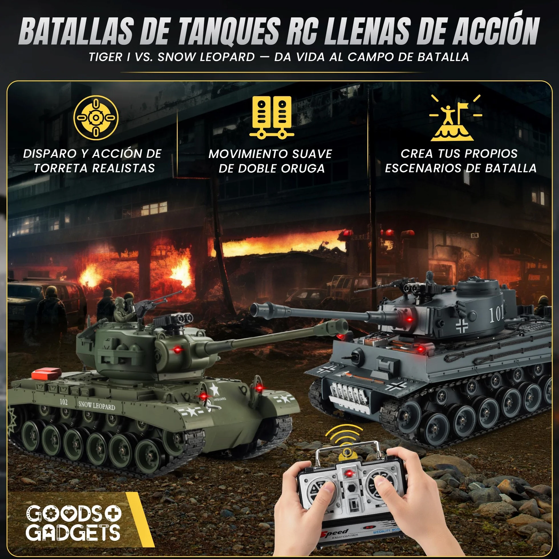 GOODS+GADGETS Tanque RC Alemán Tiger I 2.4GHz R/C Modelo a Escala 1:16 con función de Disparo, Sonido - RTR (Pershing Snow Leopard)
