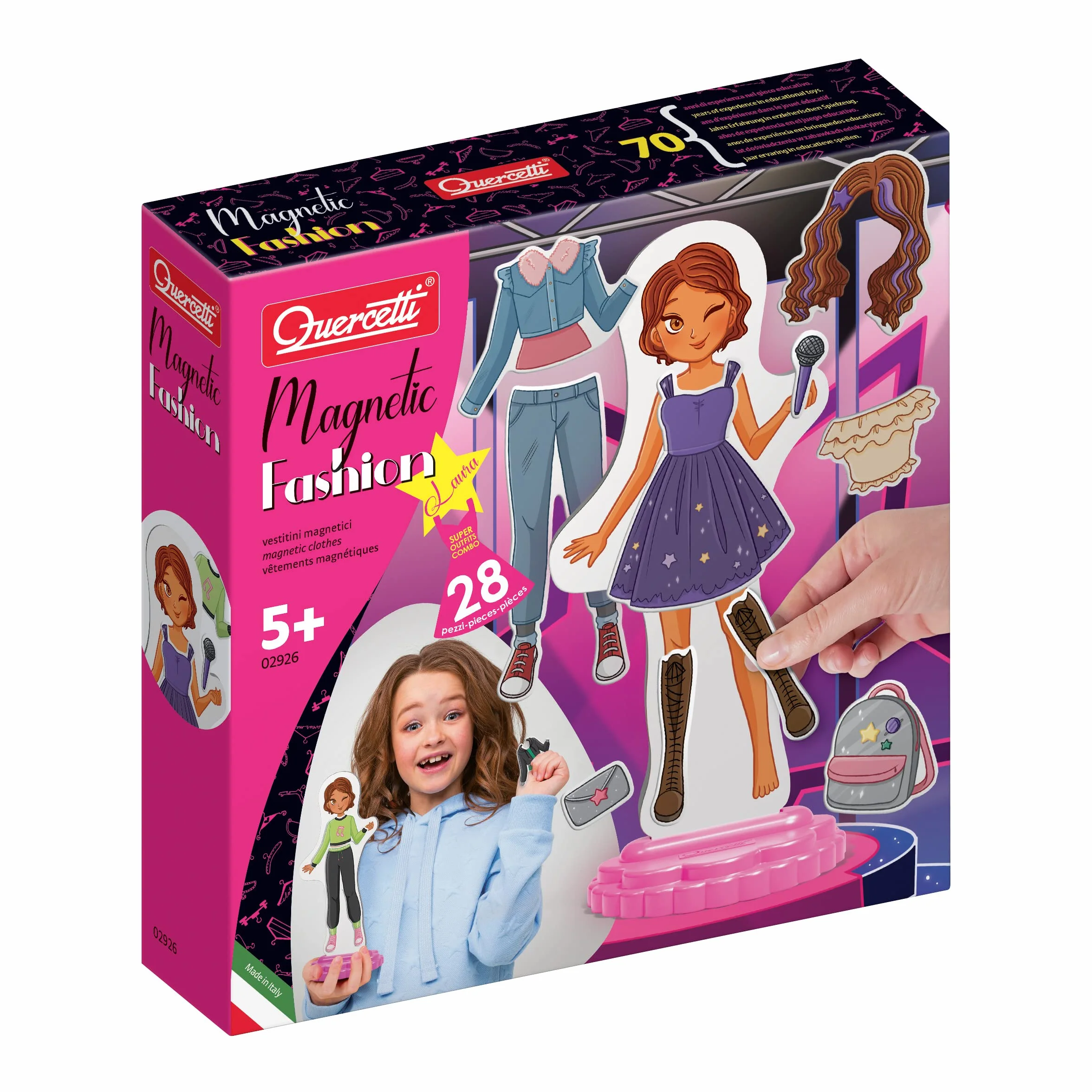 Quercetti Magnetic Fashion Laura, Juguetes Niña 5 Años, Juego Magnetico con 29 Piezas de Ropa y Accesorios, Juguetes Niñas, Juegos Infantiles Creativos para Niñas, Made in Italy