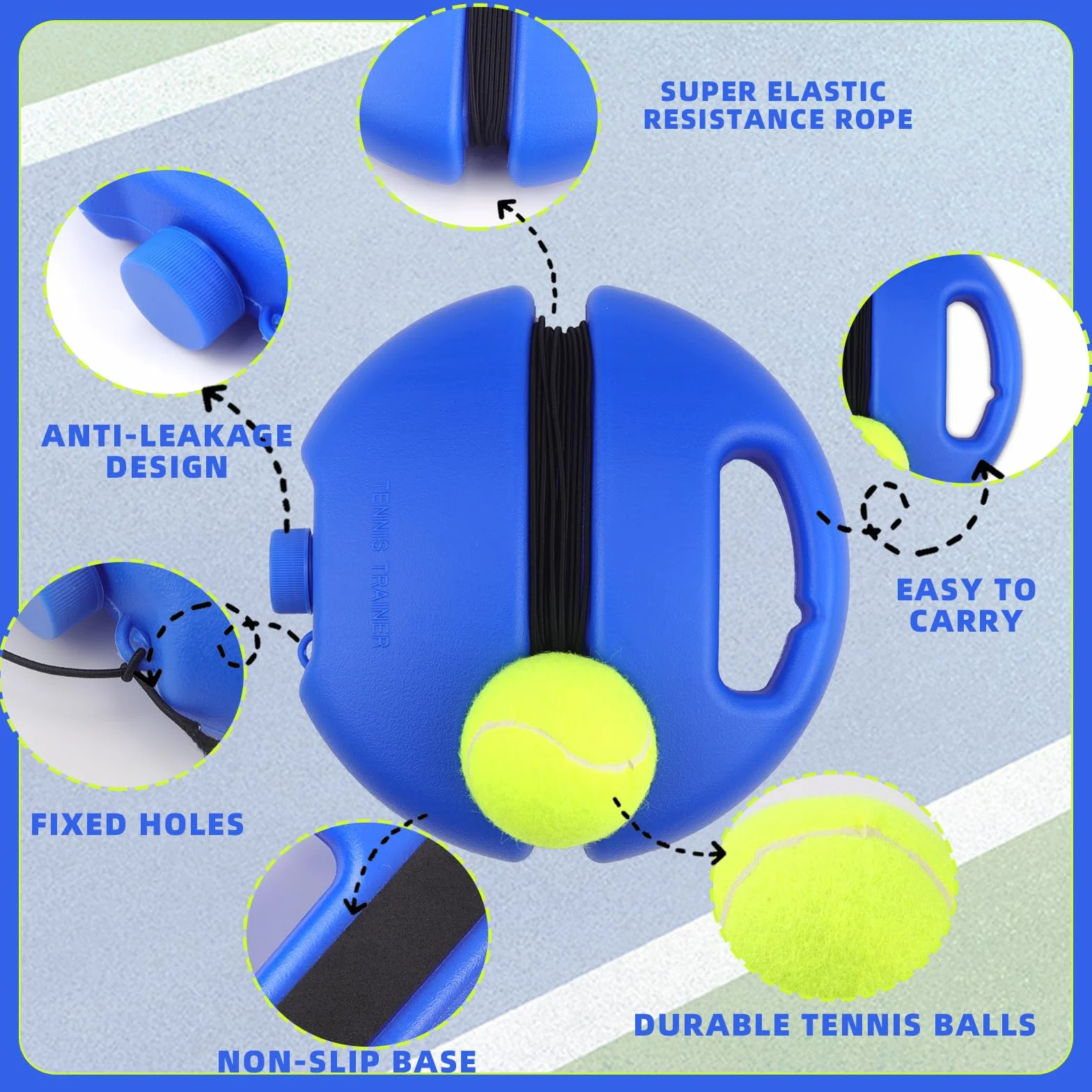 ELNLE Entrenador de tenis con 2 bolas de repuesto y cuerda para entrenamiento al aire libre
