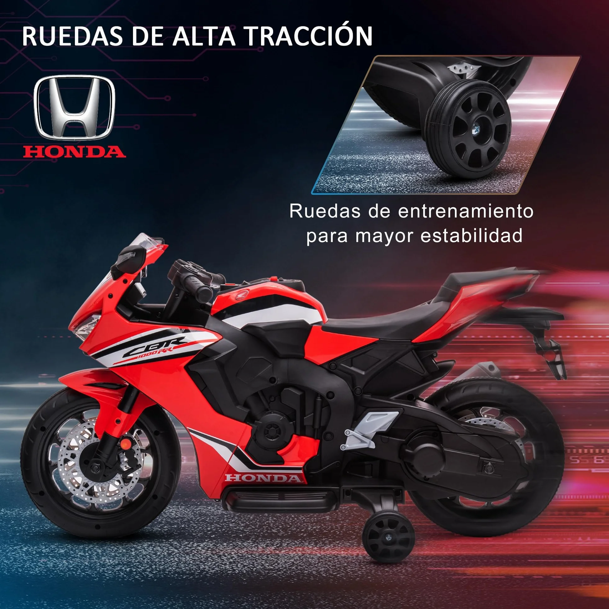 HOMCOM Moto Eléctrica con Licencia Honda para Niños de 3-5 Años Moto a Batería 6V con Faro Bocina Música y Ruedas Auxiliares Extraíbles Carga 30 kg 90x44x52 cm Rojo