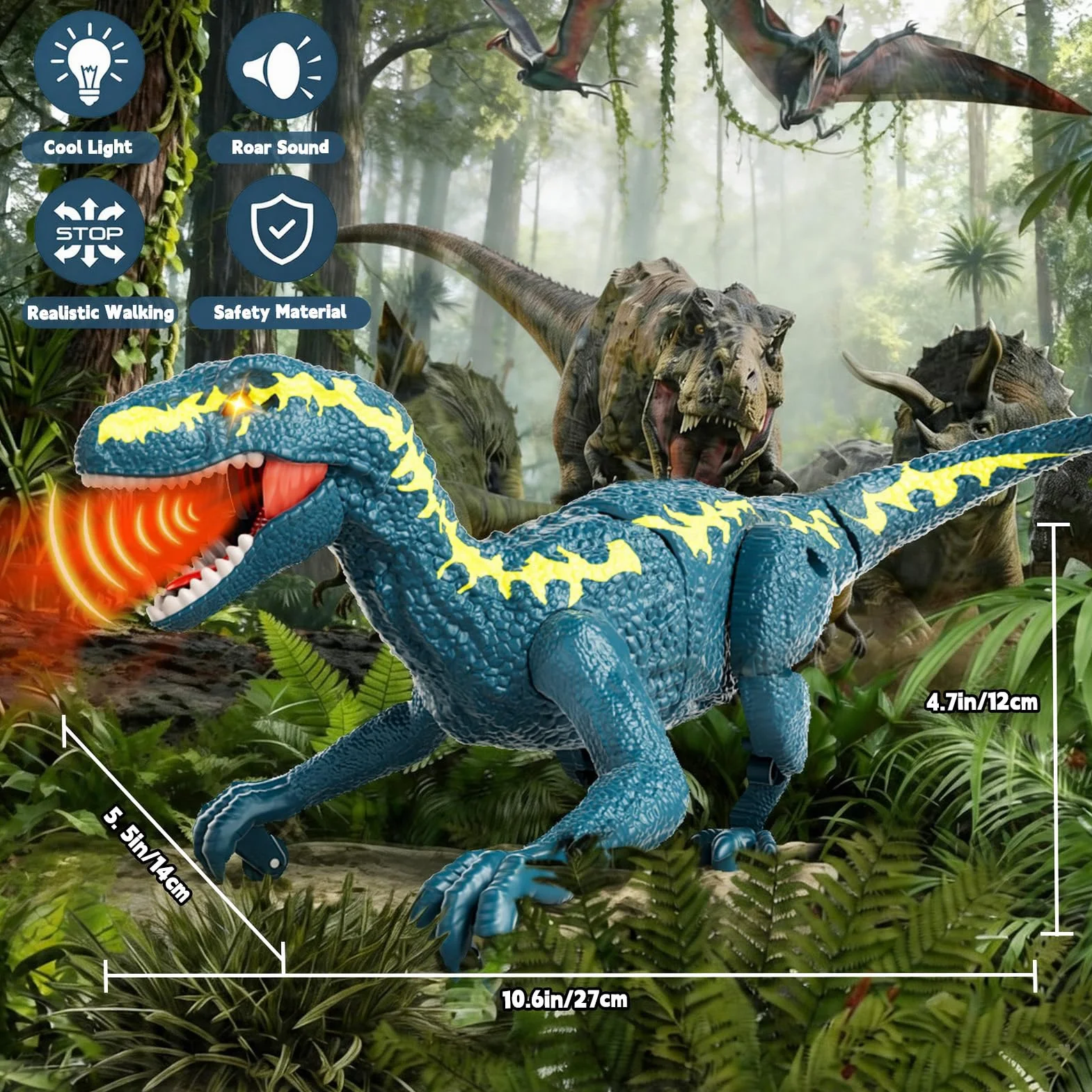 Dinosaurio Teledirigido para Niños 3+, RC Dinosaurio Caminante Recargable 2,4 GHz con Ojos 3D y 3 Sonidos, Juguete Animal Prehistórico Interactivo para Niños y Niñas 3+ (Azul)