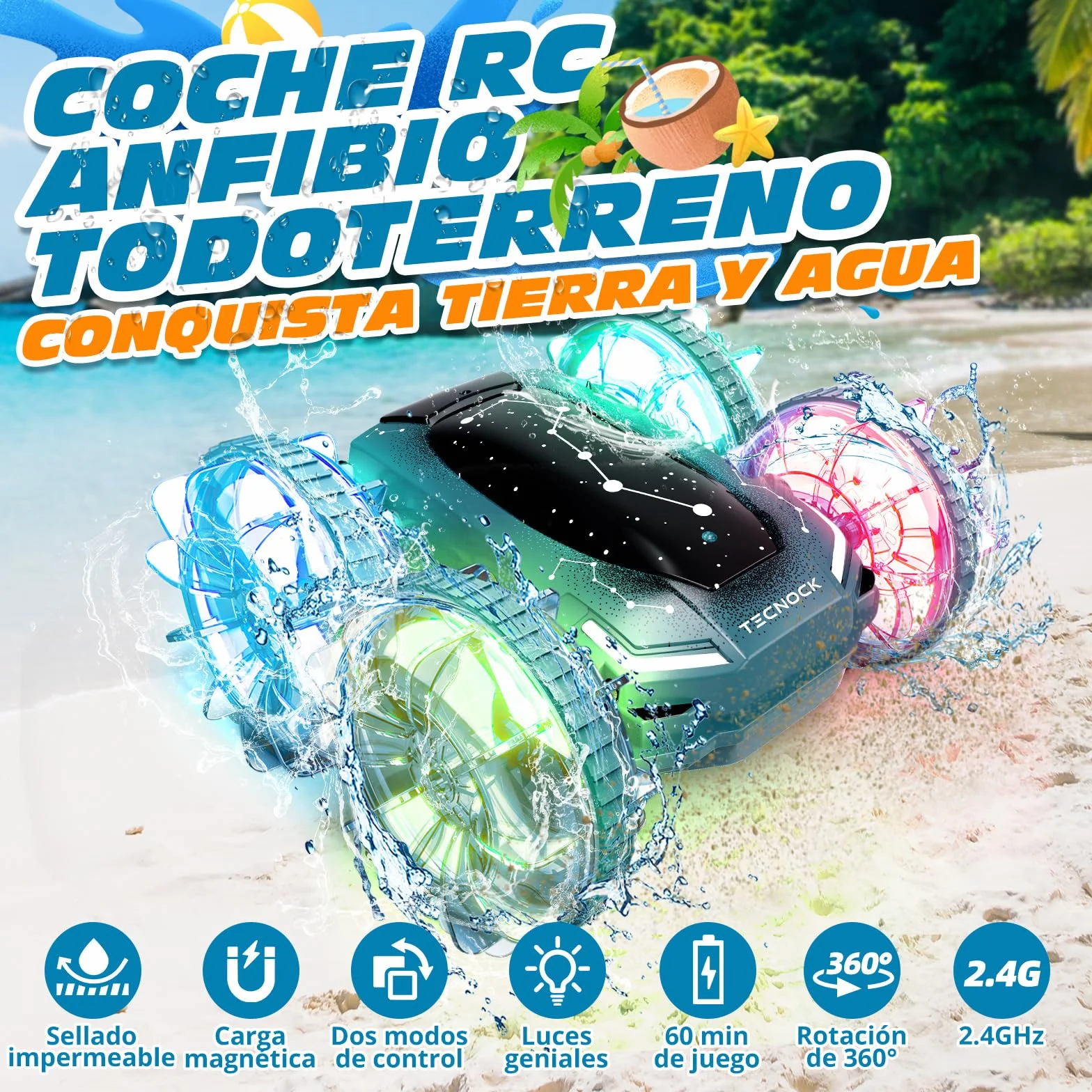 Tecnock Barco Anfibio teledirigido 4WD Control de Gestos Coche RC Carga magnética 60 Minutos Luces LED