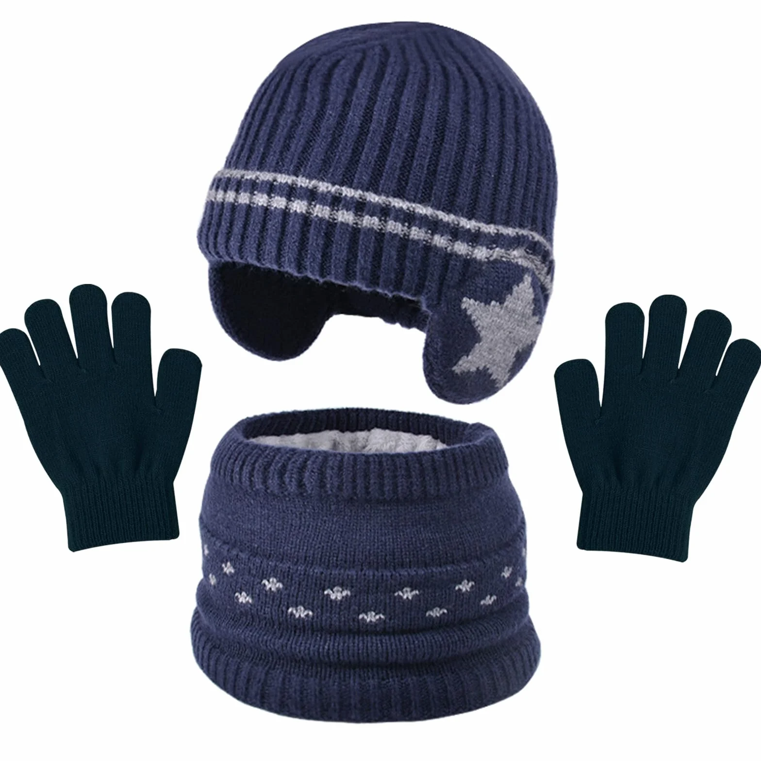 3 Piezas 3 en 1 Conjunto de Gorro Bufanda y Guantes para Niños, Sombrero de Punto con Forro Polar, Invierno Cálido Beanie