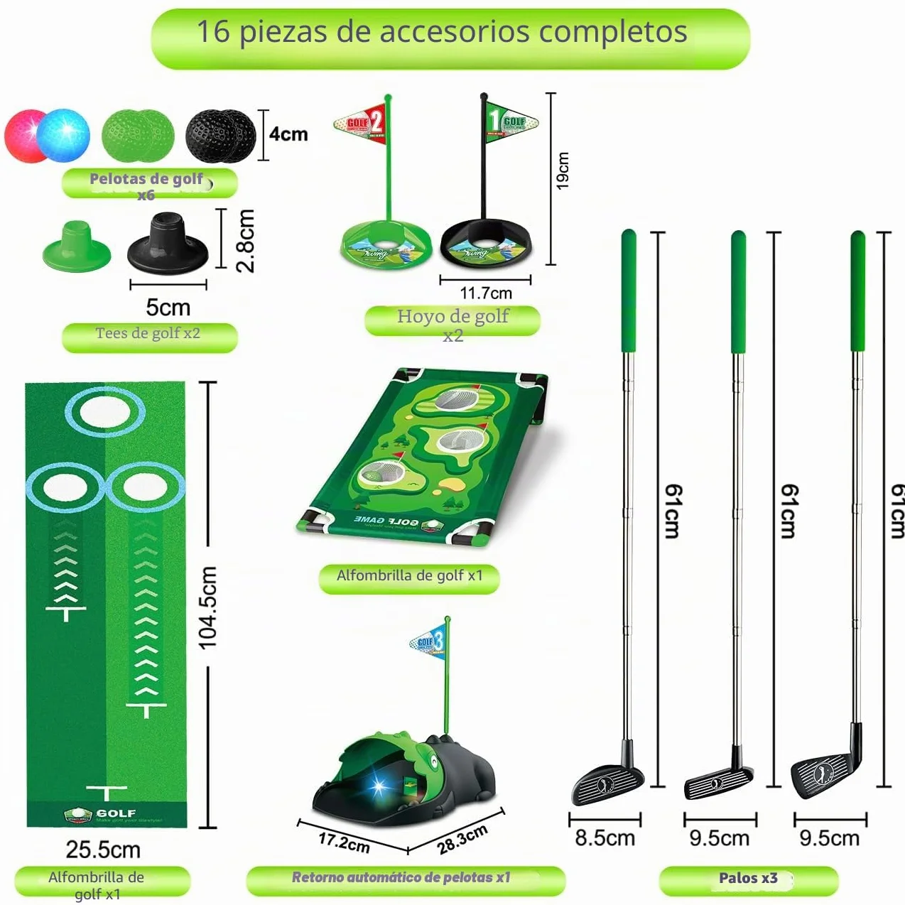 TERRAMUS Set de Golf 3 en 1 para Niños con Devolvedor de Golf Automático de Dinosaurio, Tablero de Cornhole de Golf, Pelotas Iluminadas con LED, Tapete de Putting,Juguetes,Juegos de Mini Golf Pequeños