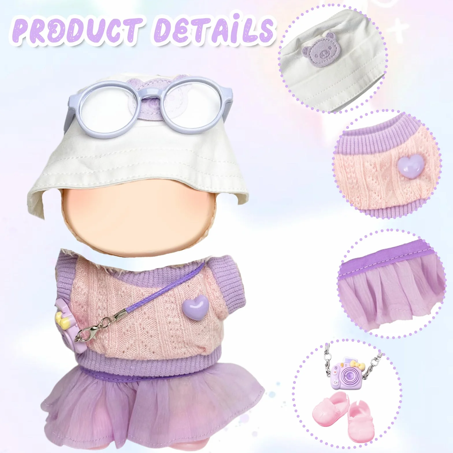 6 Piezas de Ropa para muñecas de 17 cm, Camiseta con tutú de corazón, Sombrero, Gafas, Colgante de cámara, 1 par de Zapatos para la Mini muñeca de Peluche de 17 cm, no incluida en el envío, Lila