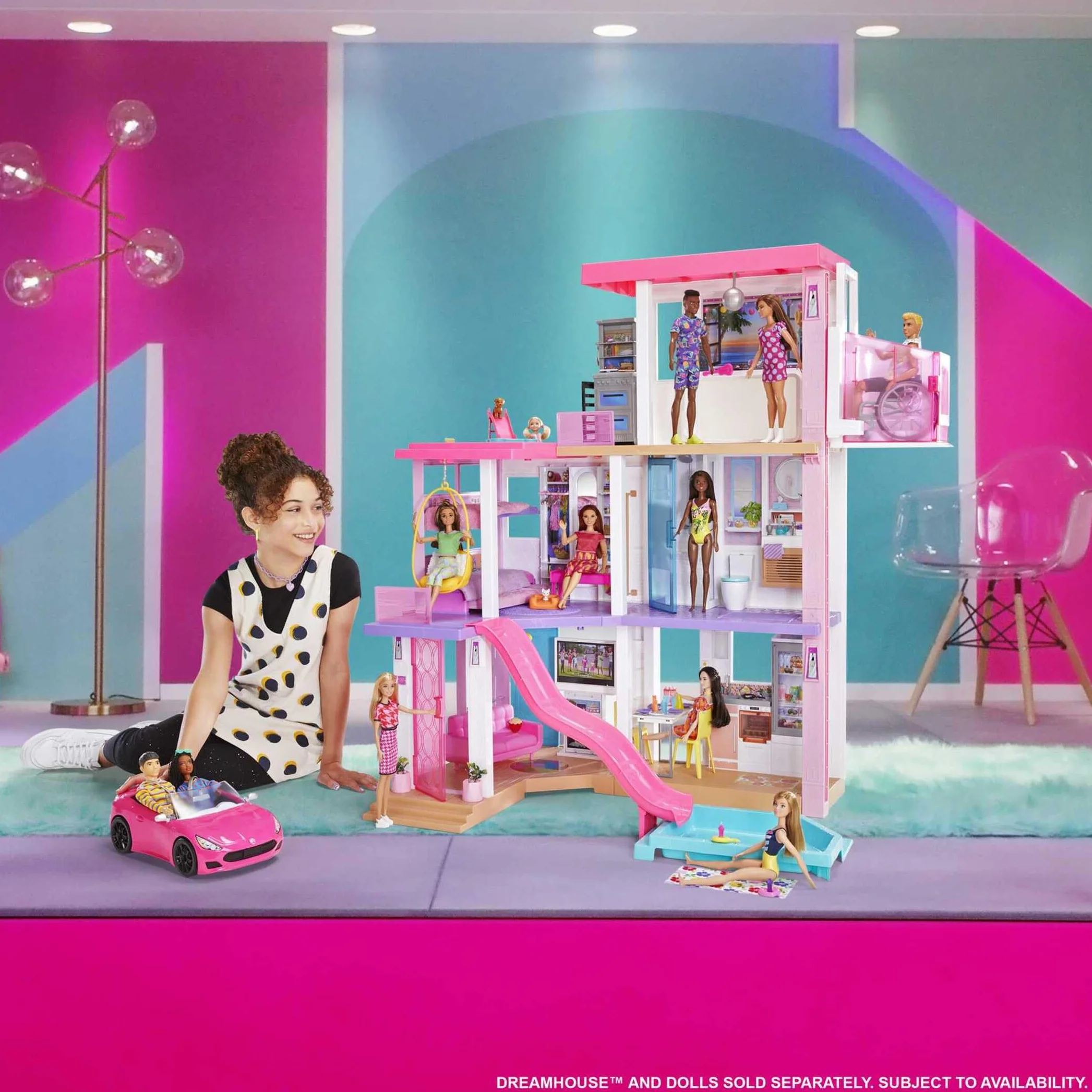 Barbie Descapotable Rosa con 2 plazas para muñecas, Coche de Juguete, Regalo para niñas y niños +3 años (Mattel HBT92)